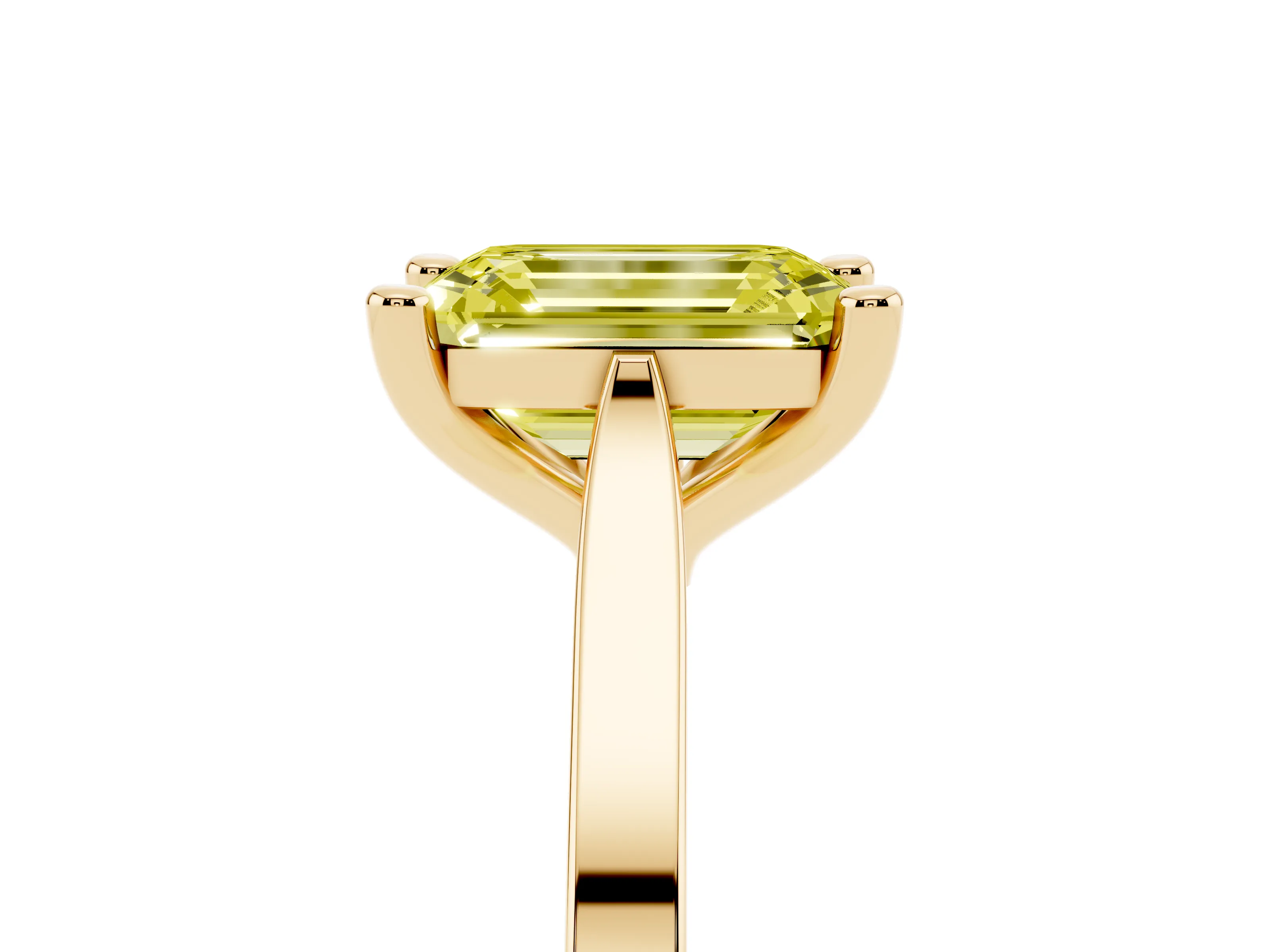 Fancy Yellow Emerald Cut Diamond Solitaire Ring Set in Yellow gold with Prong Setting and Tapered Band