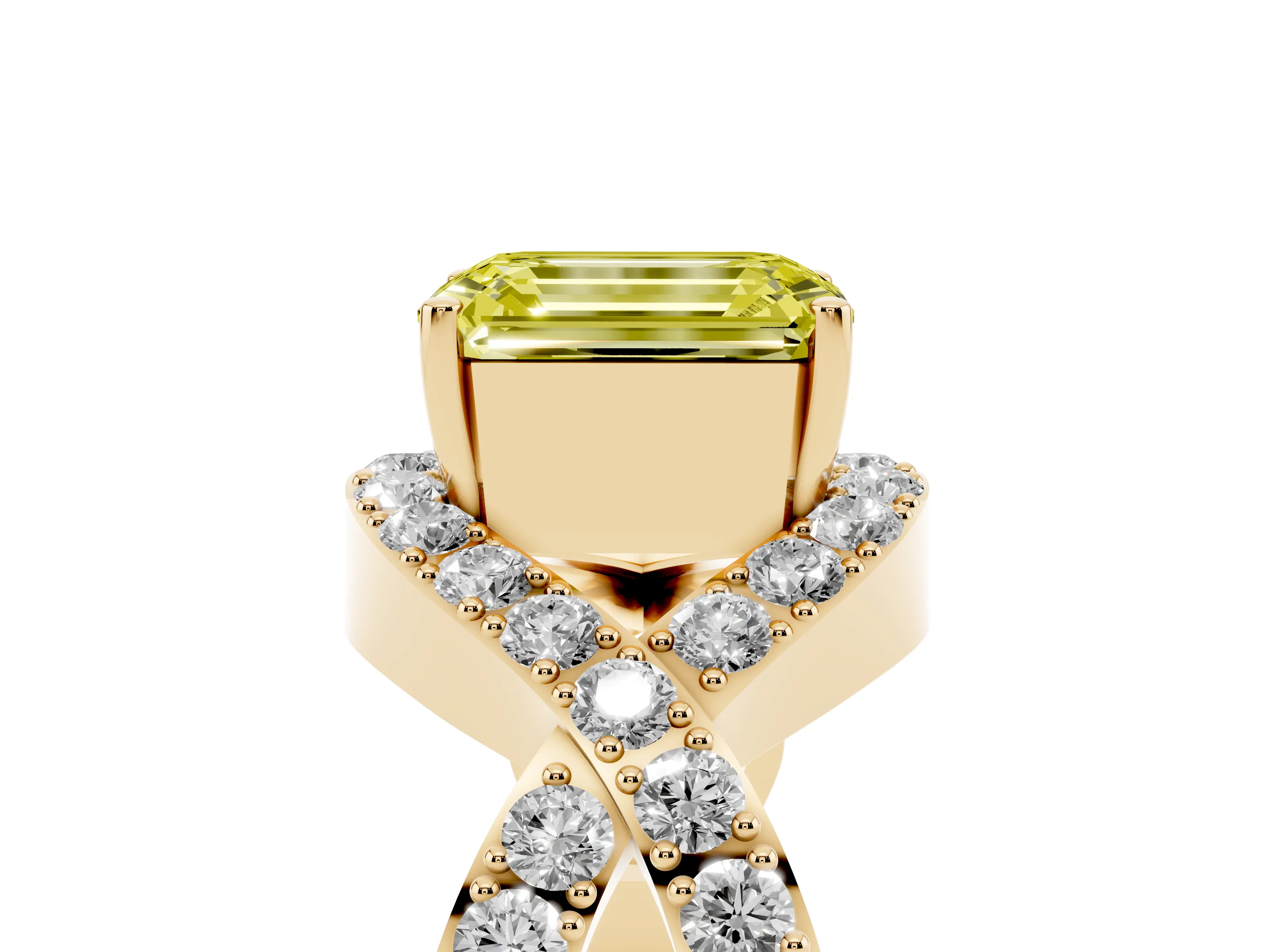 Fancy Yellow Emerald Cut Diamond Solitaire Twist Band Pavé Engagement Ring Set in Yellow gold