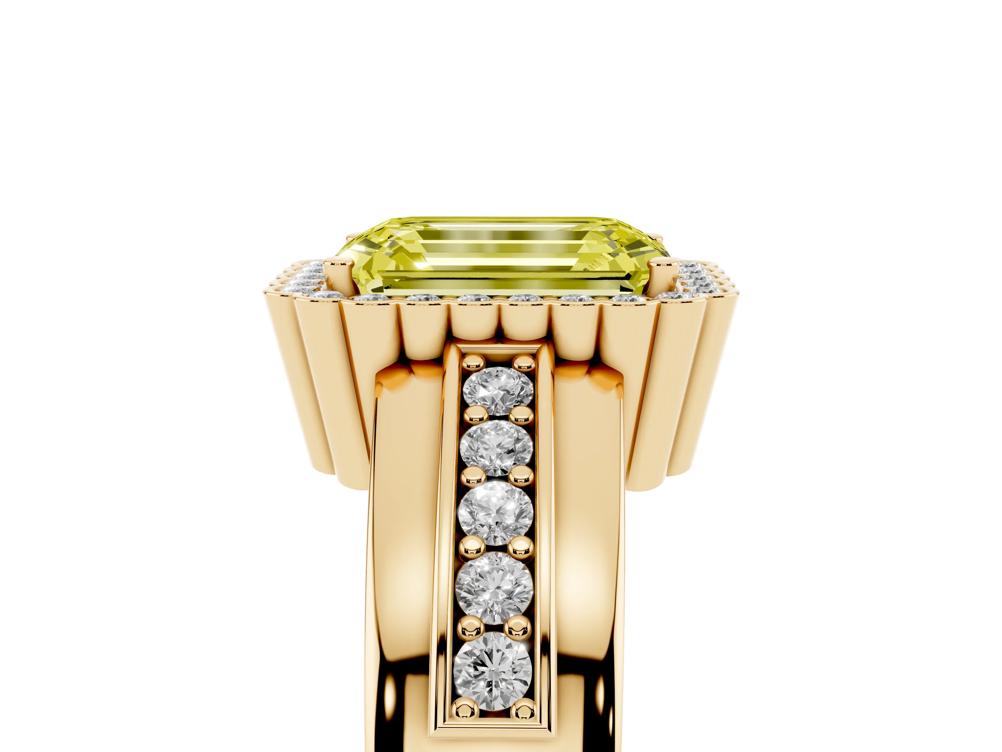 Fancy Yellow Emerald Cut Diamond Halo Prong Ring Set in Yellow gold with Pavé Band