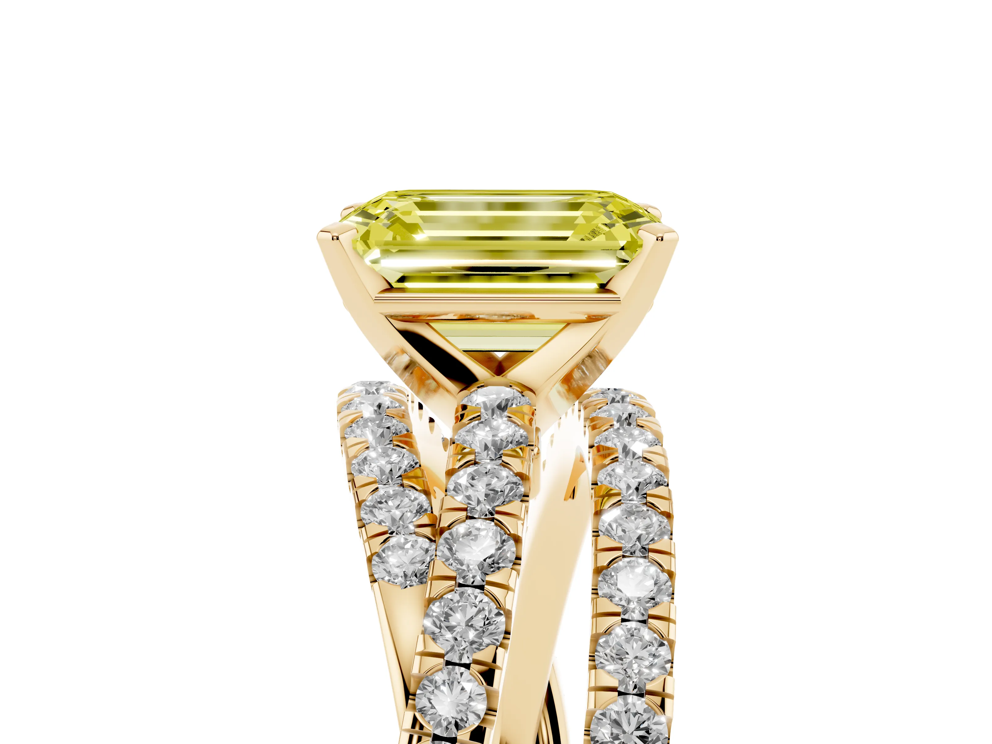 Fancy Yellow Emerald Cut Diamond Solitaire Twist Band Ring Set in Yellow gold with Pavé Setting and Prong Head