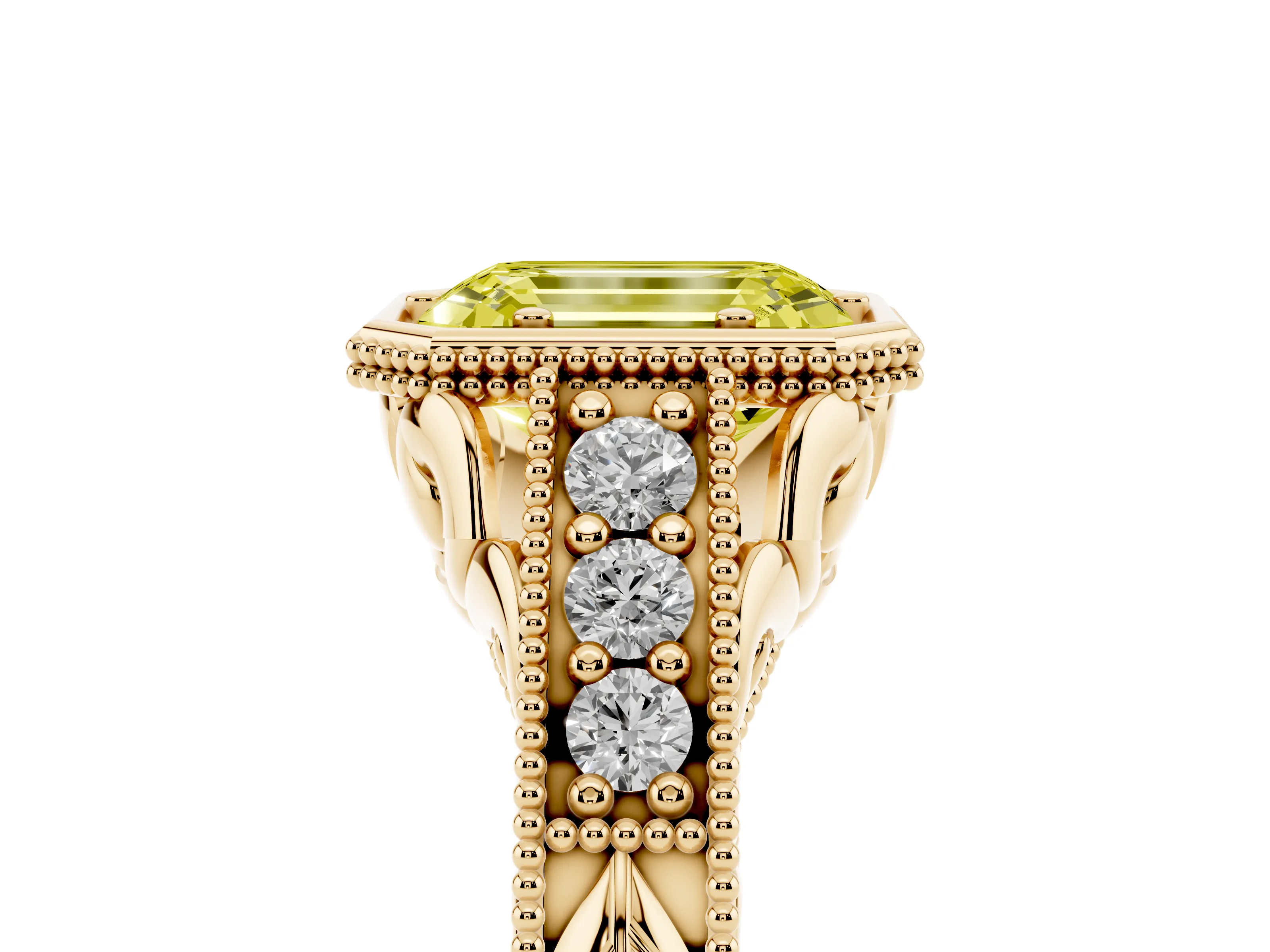 Fancy Yellow Bezel Set Emerald Cut Diamond Milgrain Pavé Engagement Ring Set in Yellow gold