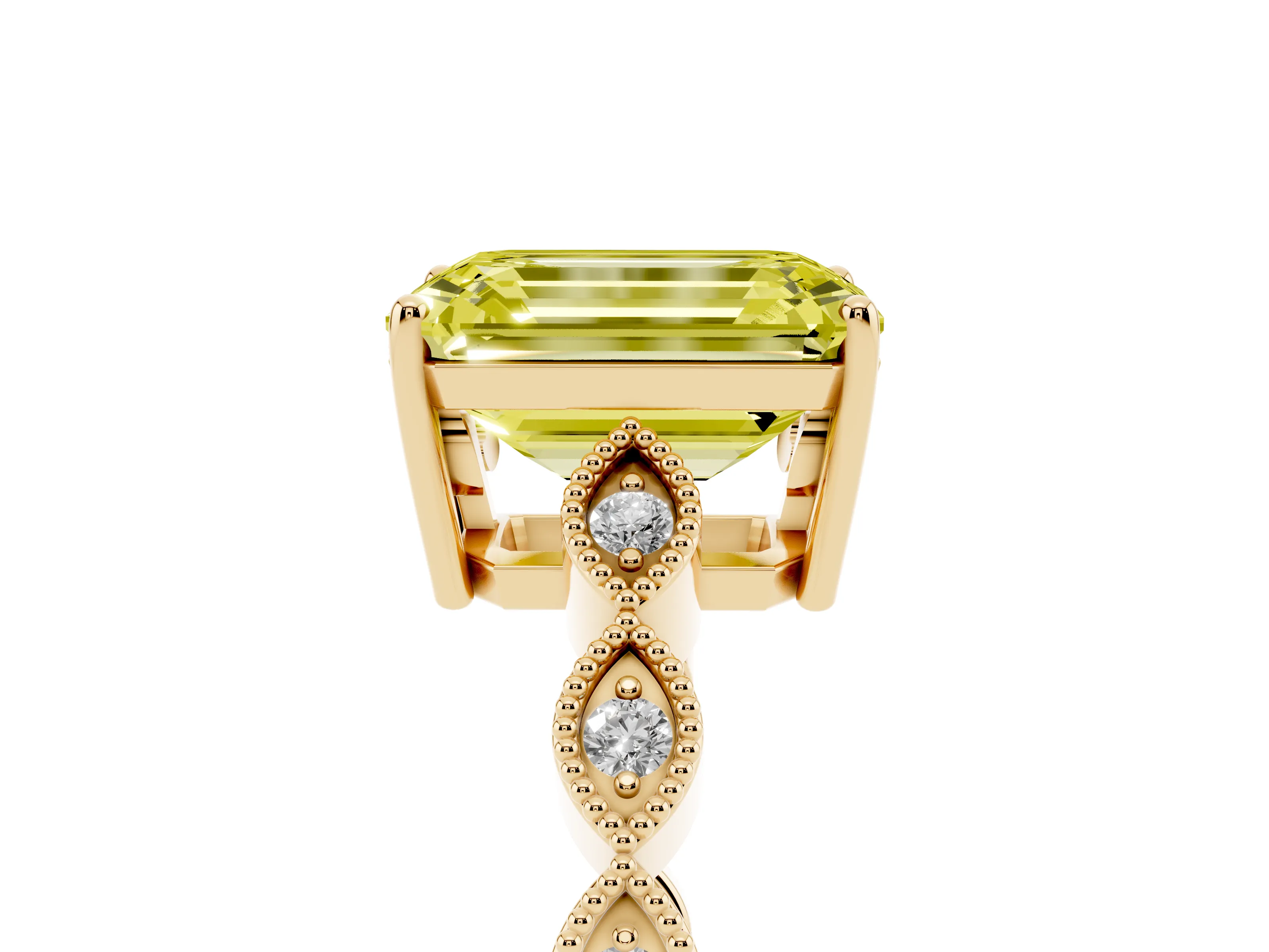 Fancy Yellow Emerald Cut Diamond Solitaire Ring Set in Yellow gold with Infinity Twist Pavé Band