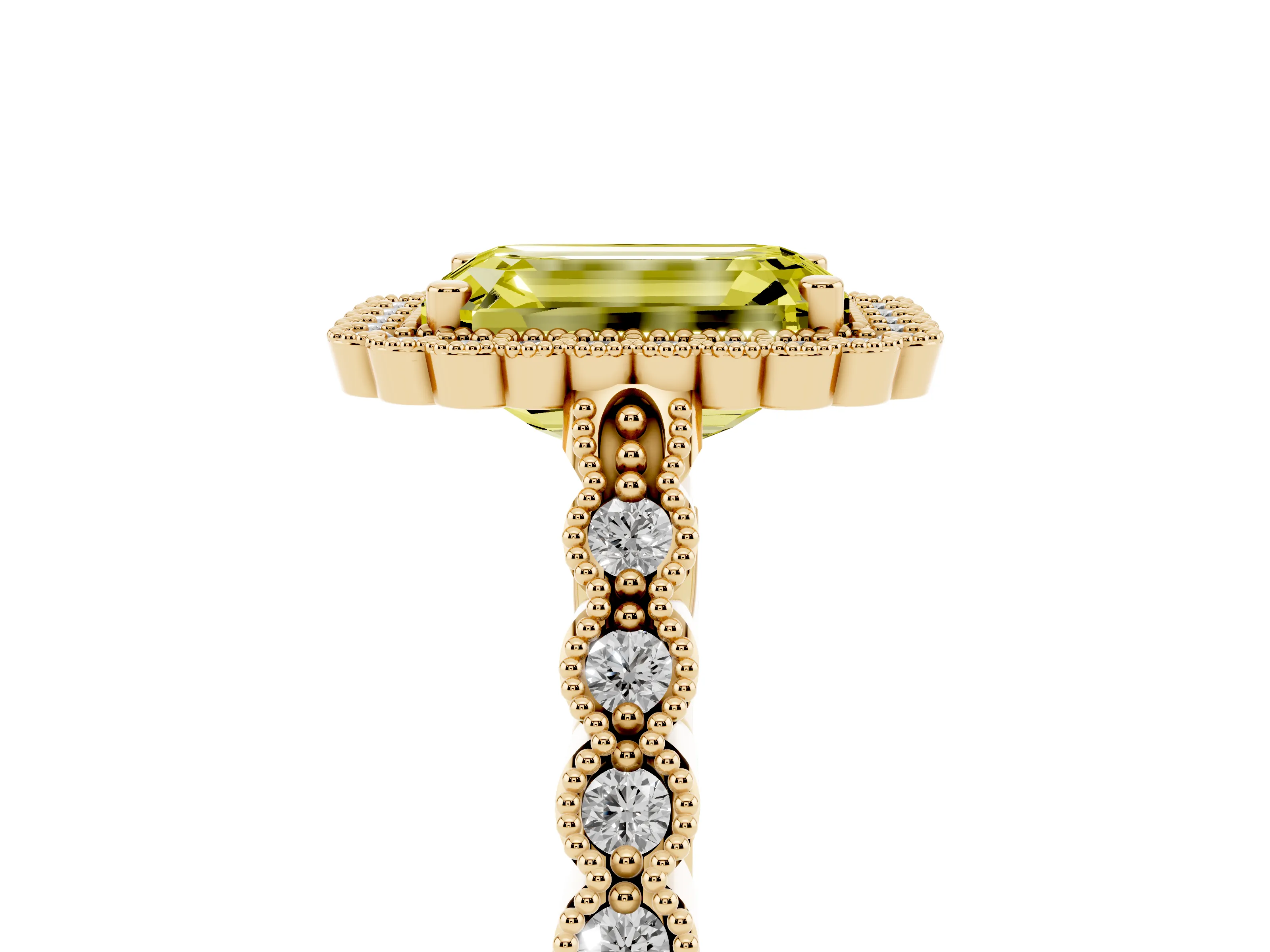 Fancy Yellow Emerald Cut Diamond Halo Ring Set in Yellow gold with Pavé Milgrain Band
