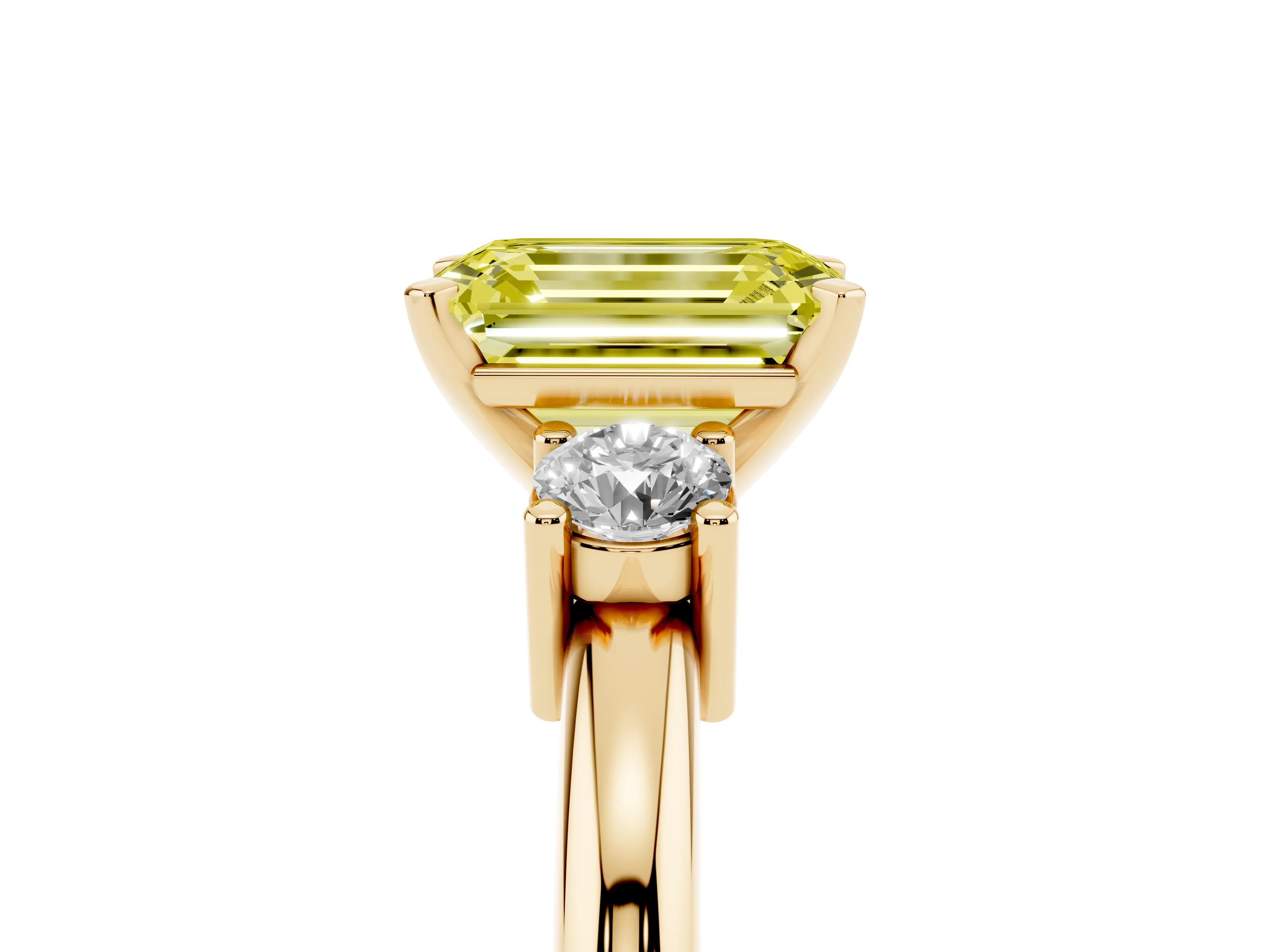 Fancy Yellow Three-Stone Emerald Cut Diamond Ring Set in Yellow gold with Prong Setting and Plain Band