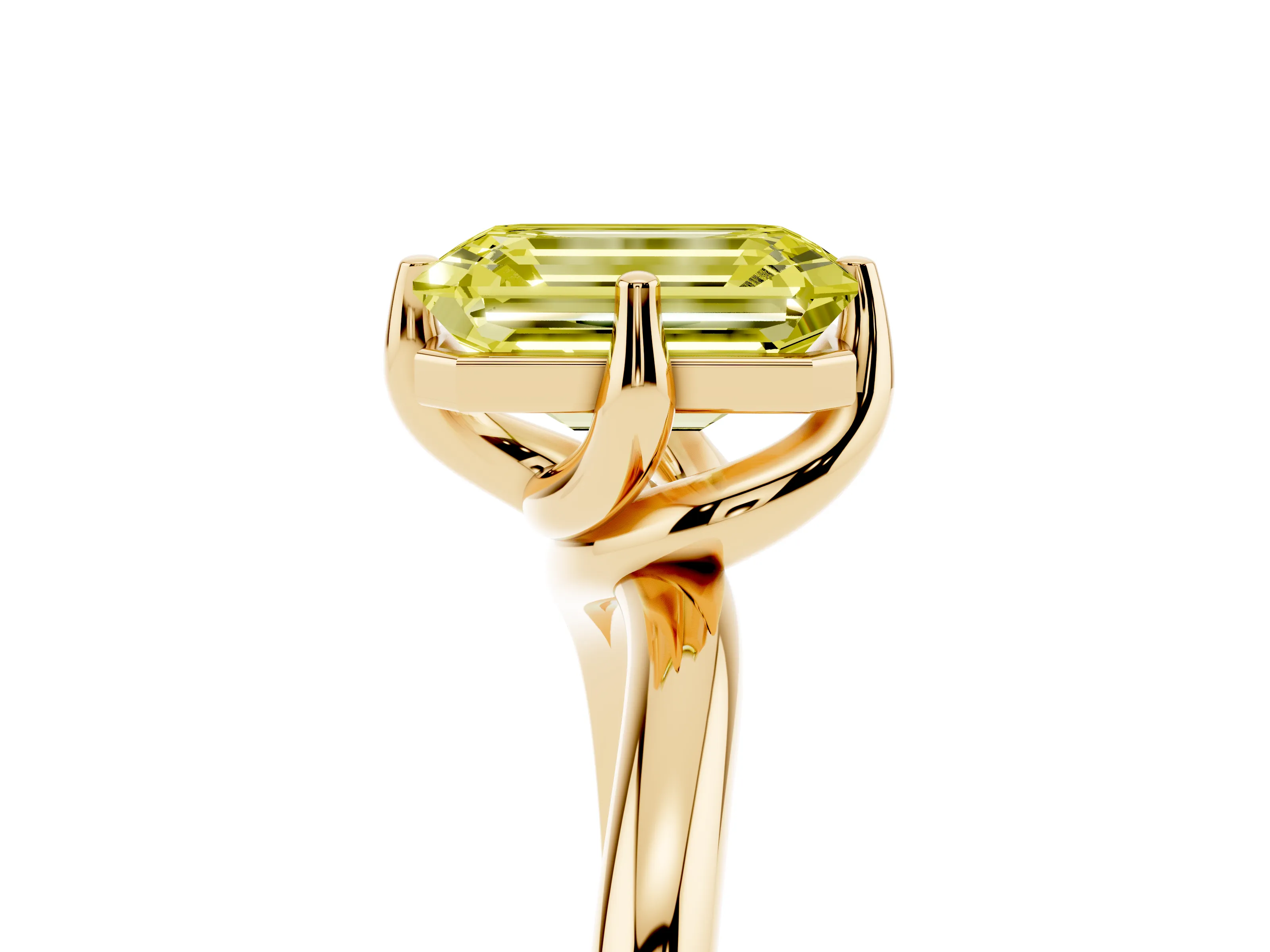 Fancy Yellow Emerald Cut Diamond Solitaire Engagement Ring Set in Yellow gold with Classic Plain Band