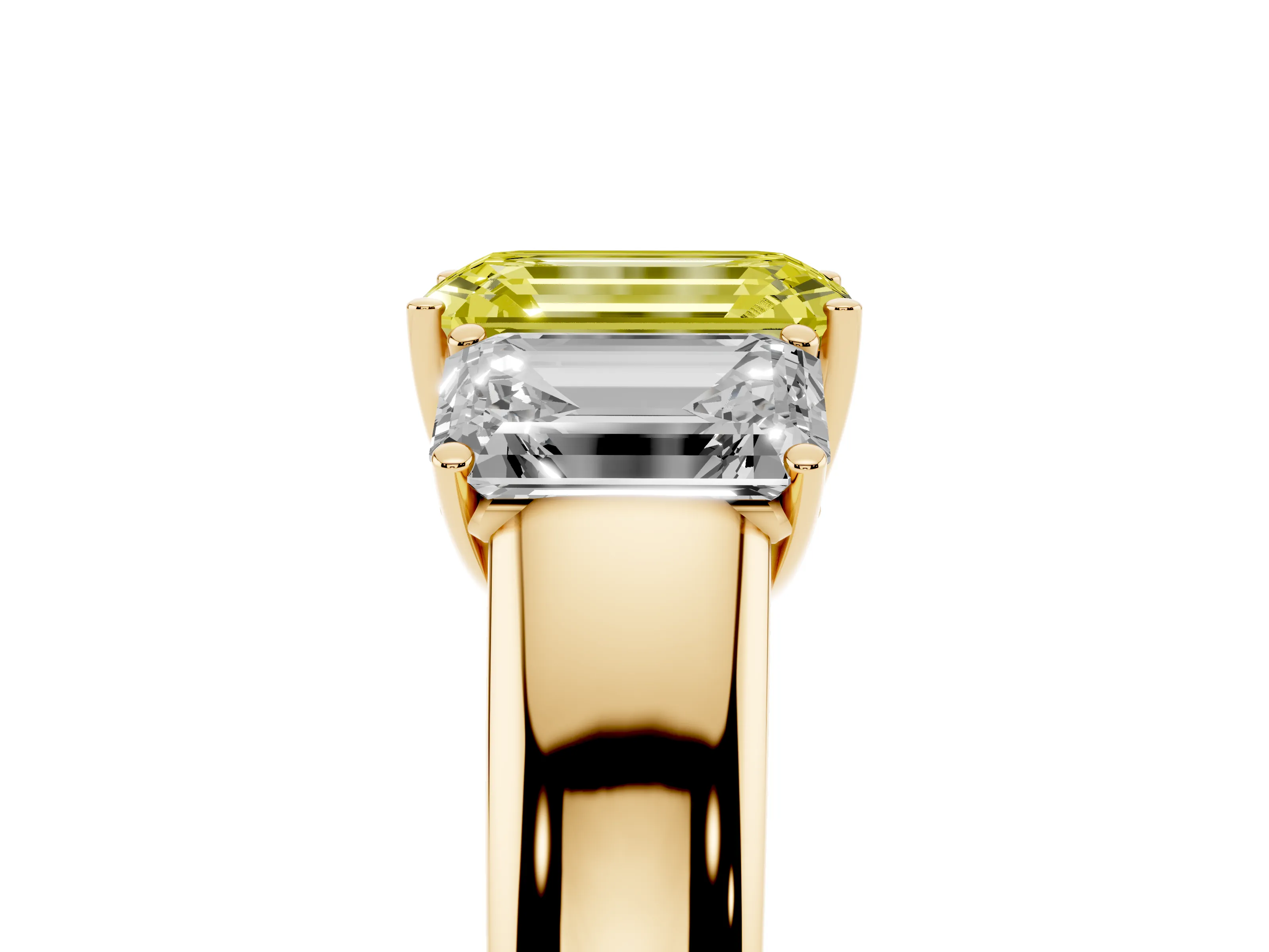 Fancy Yellow Three-Stone Emerald Cut Diamond Ring Set in Yellow gold with Matching Prong Settings and Plain Band