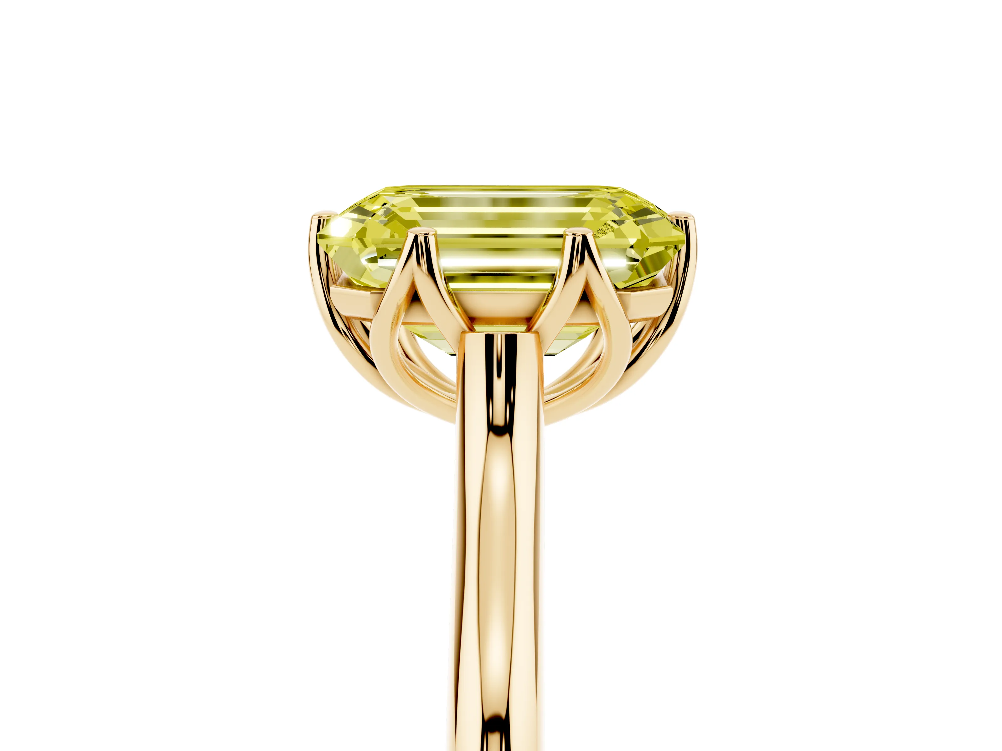 Fancy Yellow Emerald Cut Diamond Solitaire Cathedral Ring Set in Yellow gold with Prong Setting