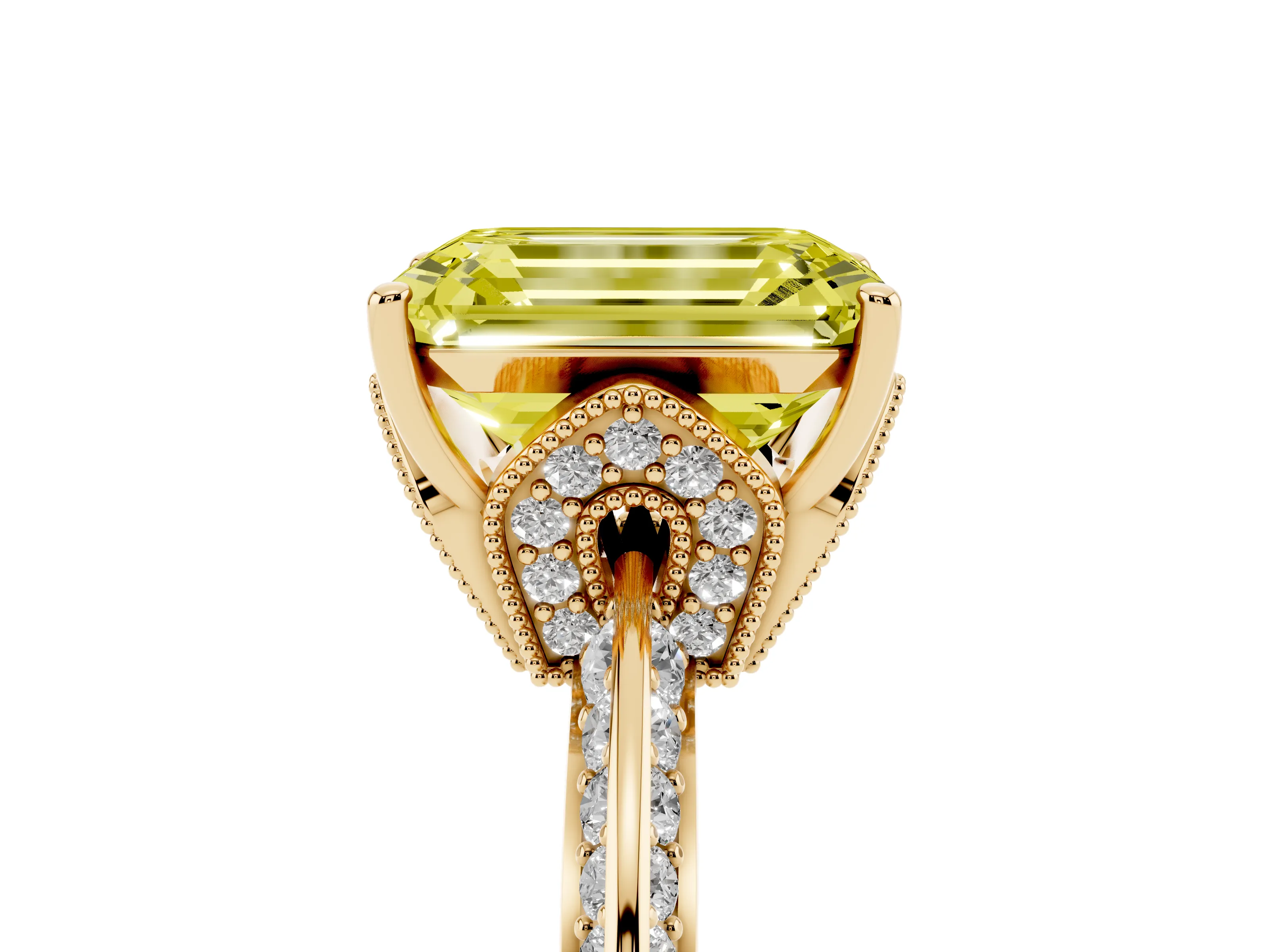 Fancy Yellow Emerald Cut Diamond Solitaire Engagement Ring Set in Yellow gold with Pavé Split Shank and Prong Setting