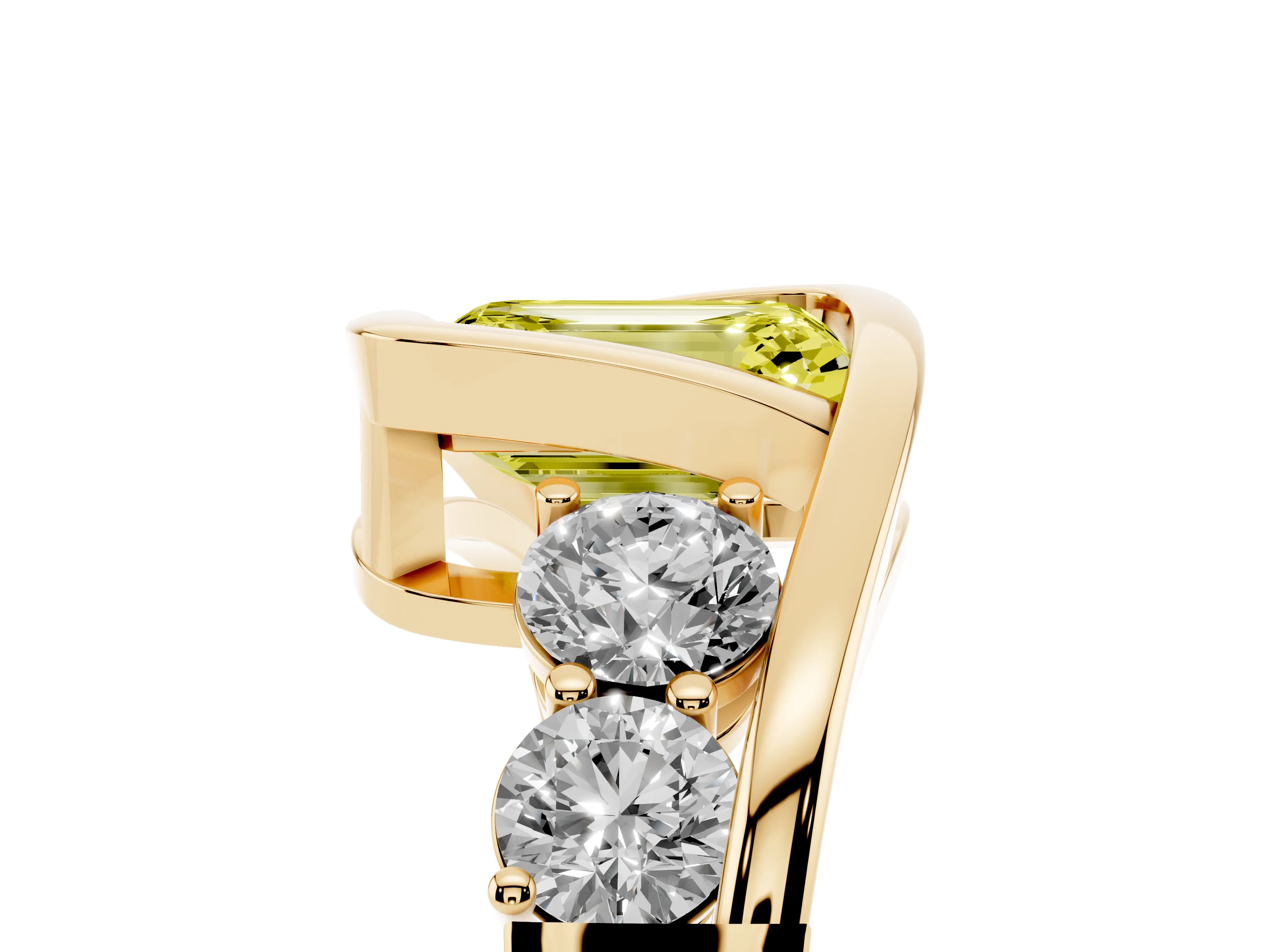 Fancy Yellow Emerald Cut Diamond Bezel Bypass Ring Set in Yellow gold with Round Accents