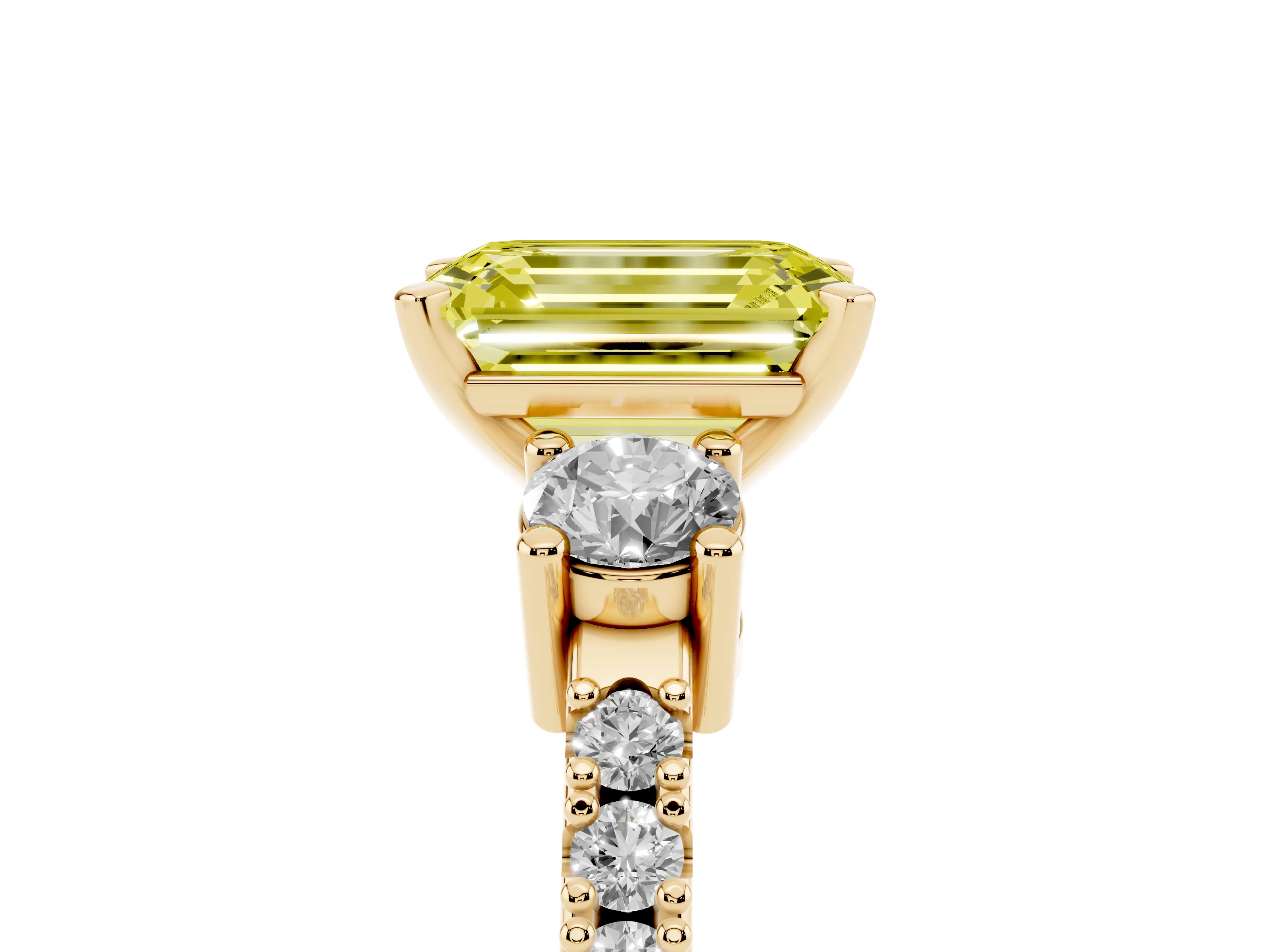 Fancy Yellow Three-Stone Emerald Cut Diamond Pavé Band Ring Set in Yellow gold with Prong Setting