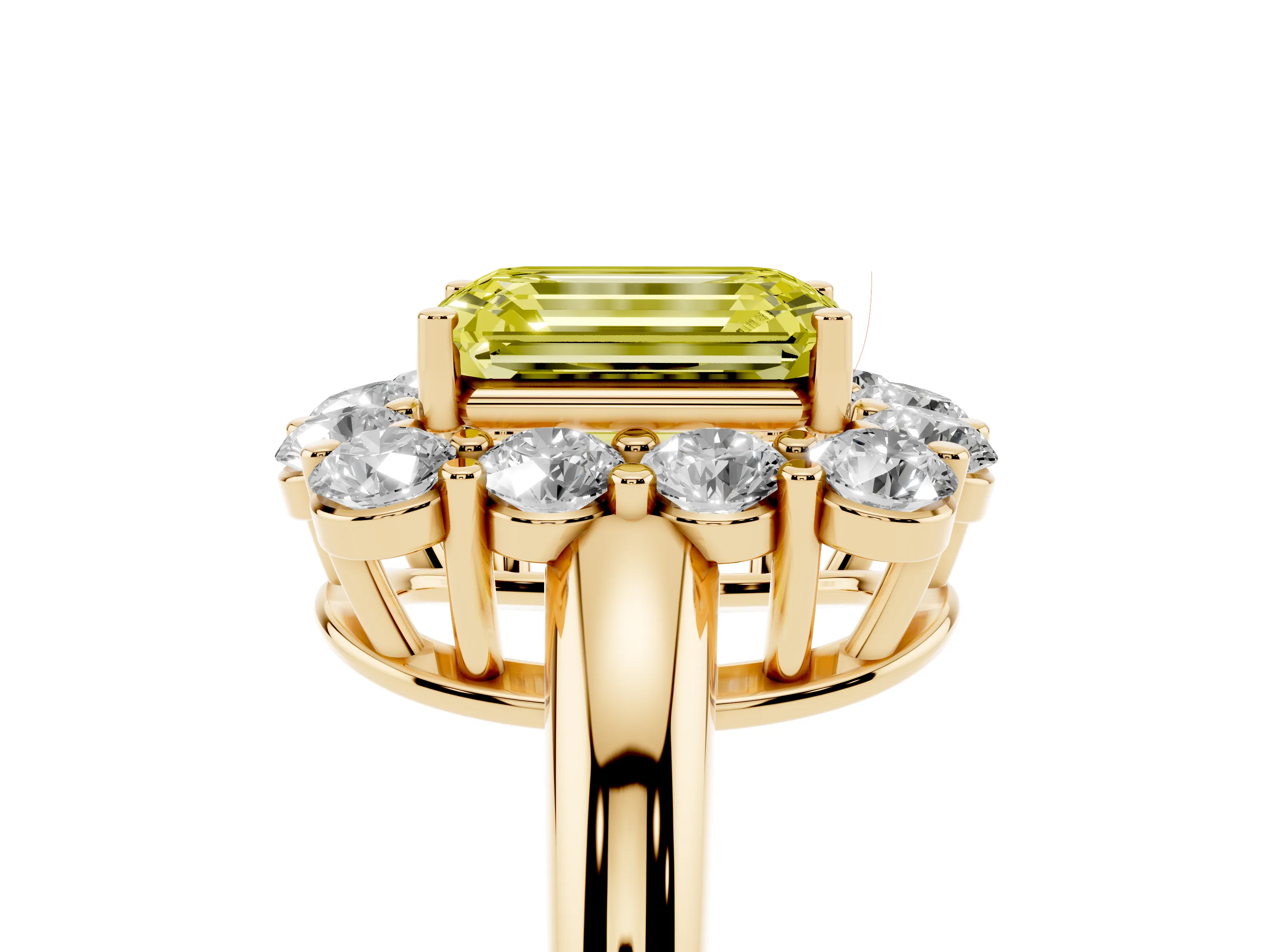 Fancy Yellow Emerald Cut Diamond Halo Cluster Engagement Ring Set in Yellow gold with Polished Band and Prong Setting