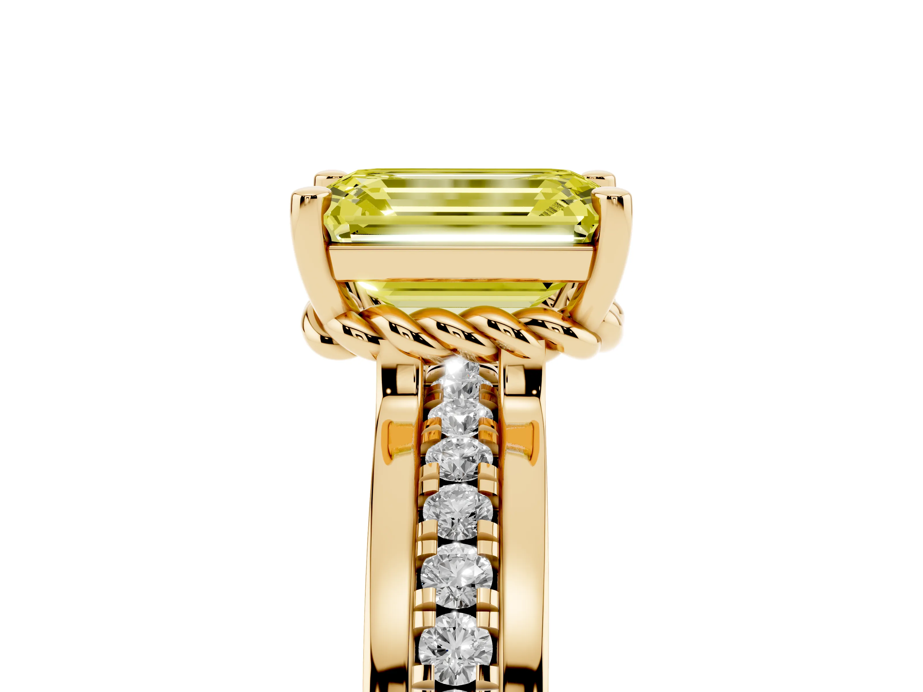 Fancy Yellow Emerald Cut Diamond Solitaire Ring Set in Yellow gold with Channel Set Band and Prong Setting
