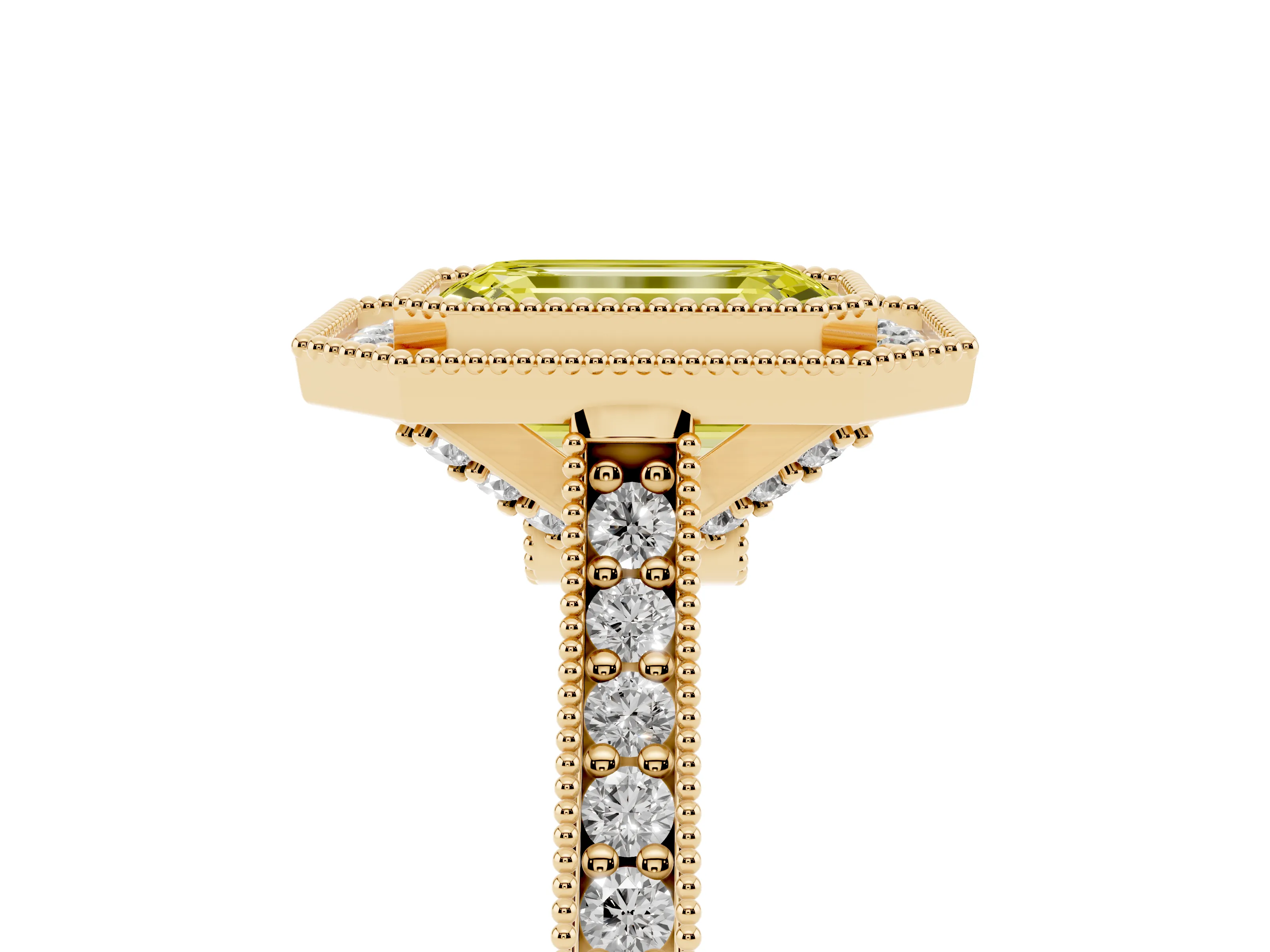 Fancy Yellow Emerald Cut Diamond Halo Milgrain Pavé Band Ring Set in Yellow gold with Prong Setting