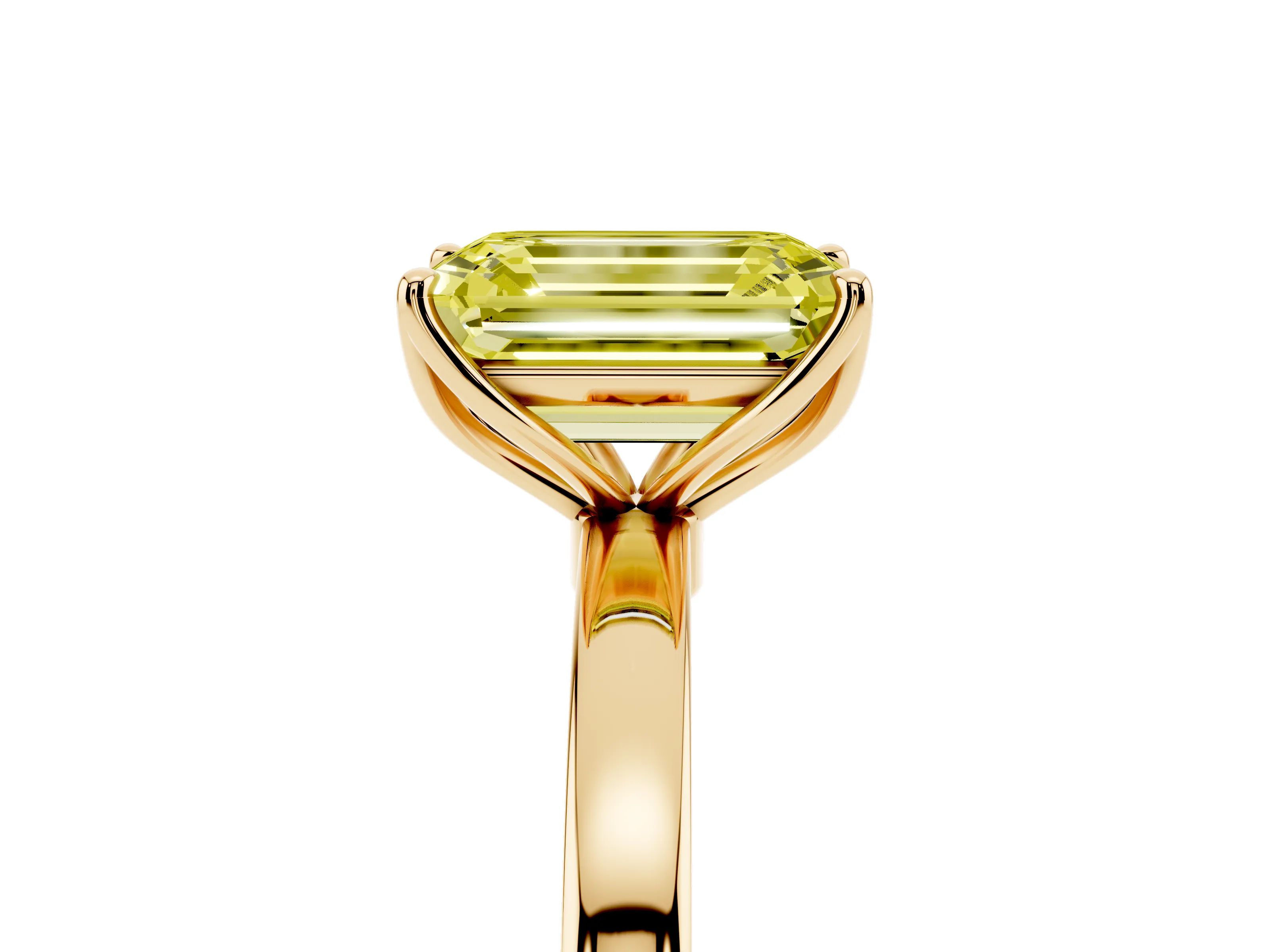 Fancy Yellow Emerald Cut Diamond Solitaire Ring Set in Yellow gold with Prong Setting and Thin Polished Band
