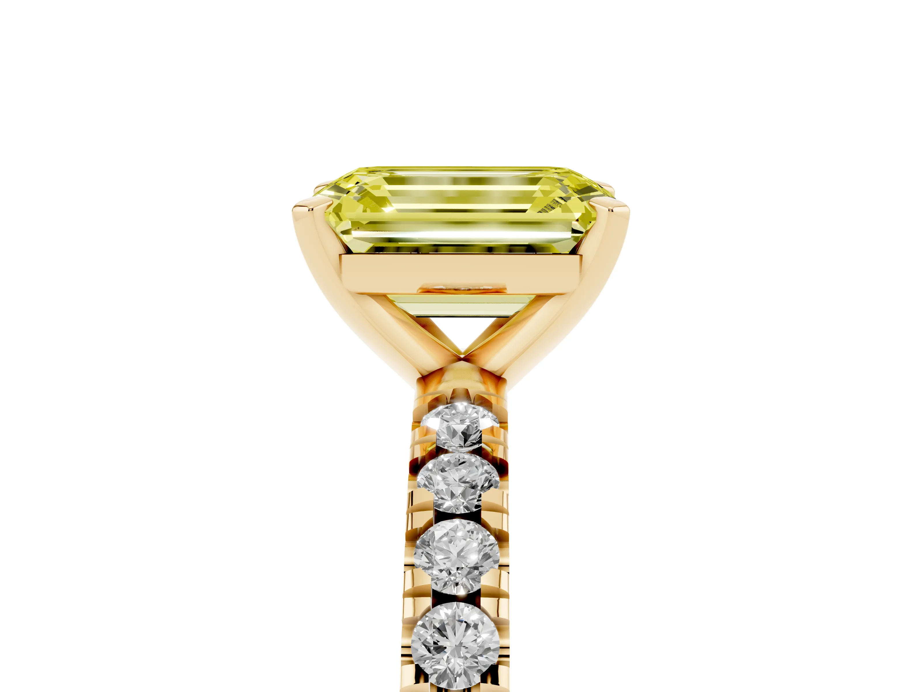 Fancy Yellow Emerald Cut Diamond Pavé Band Solitaire Set in Yellow gold with Prong Setting