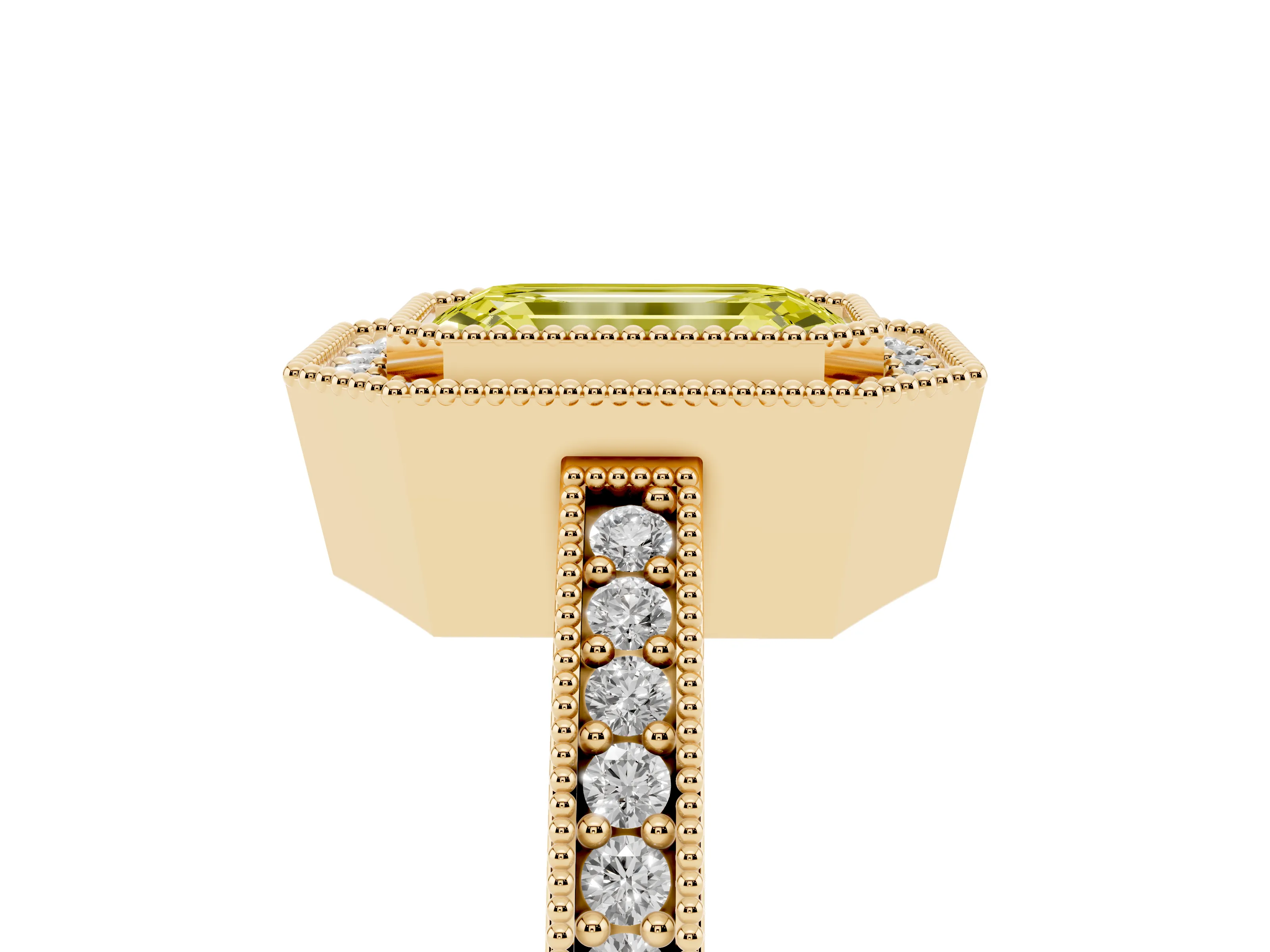 Fancy Yellow Emerald Cut Diamond Halo Engagement Ring Set in Yellow gold with Pavé Band and Round Halo Stones
