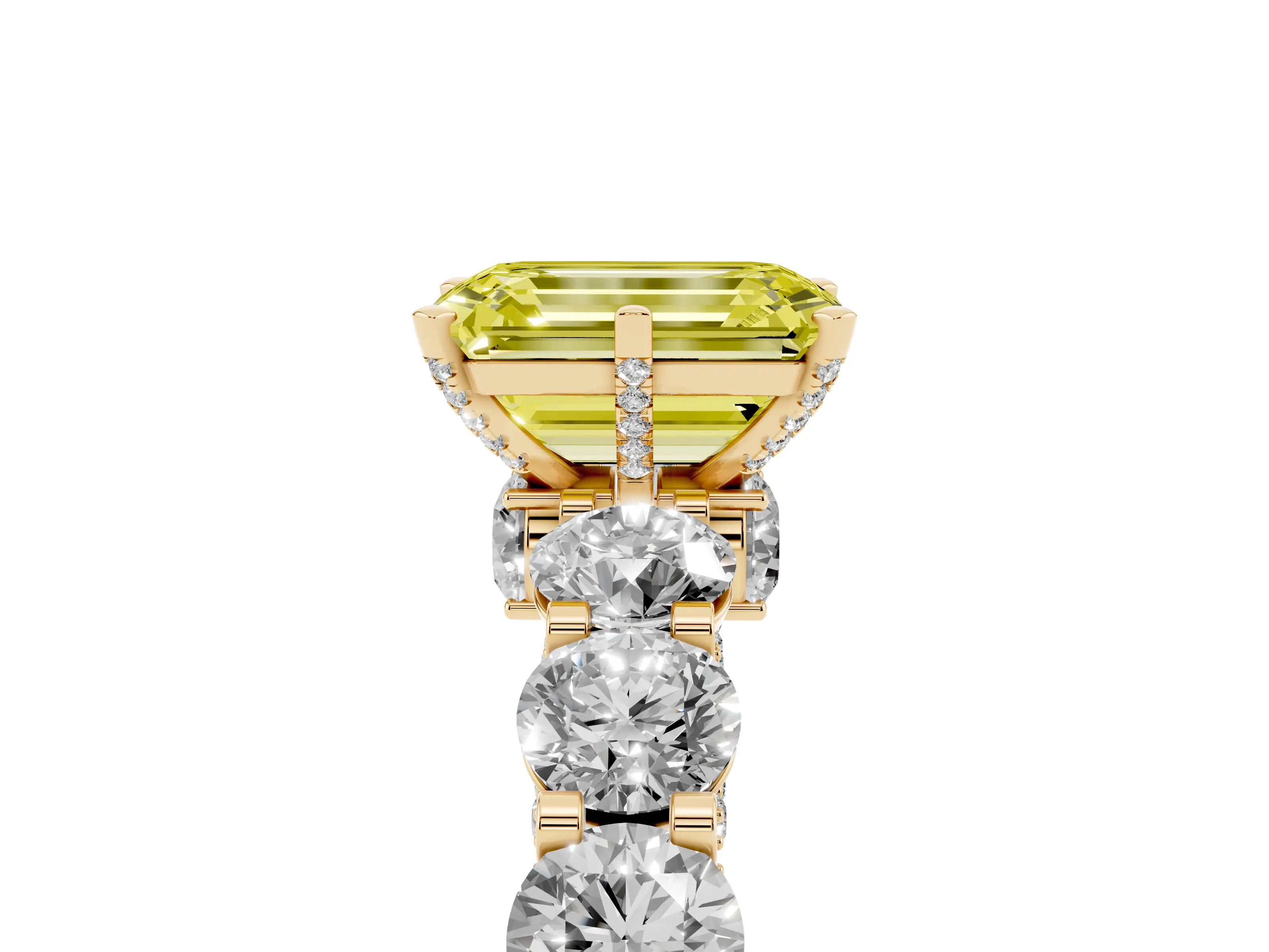 Fancy Yellow Emerald Cut Diamond Side Stone Ring Set in Yellow gold with Alternating Round and Oval Side Stones