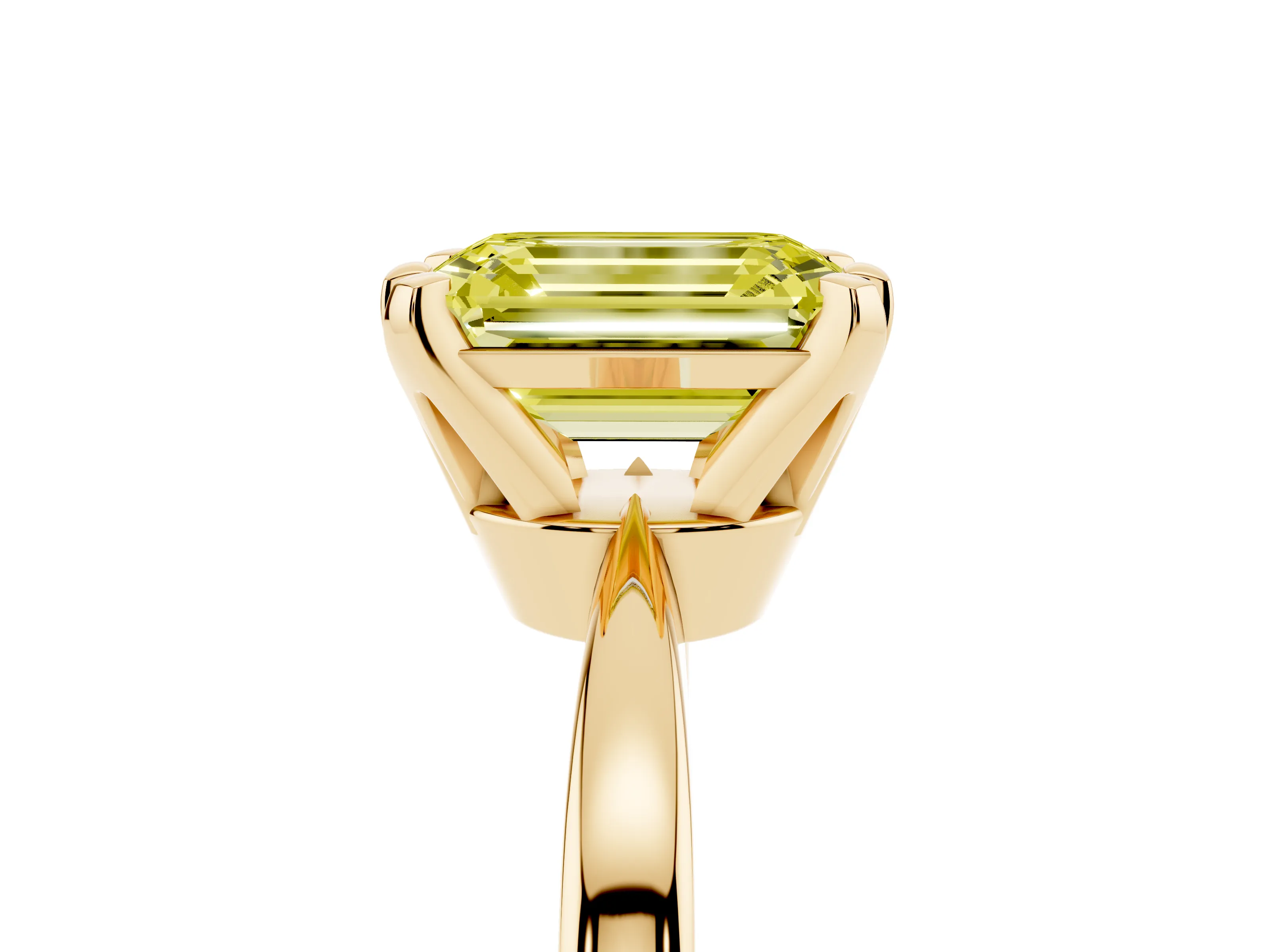 Fancy Yellow Emerald Cut Diamond Solitaire Engagement Ring Set in Yellow gold with Slim Tapered Solitaire Band