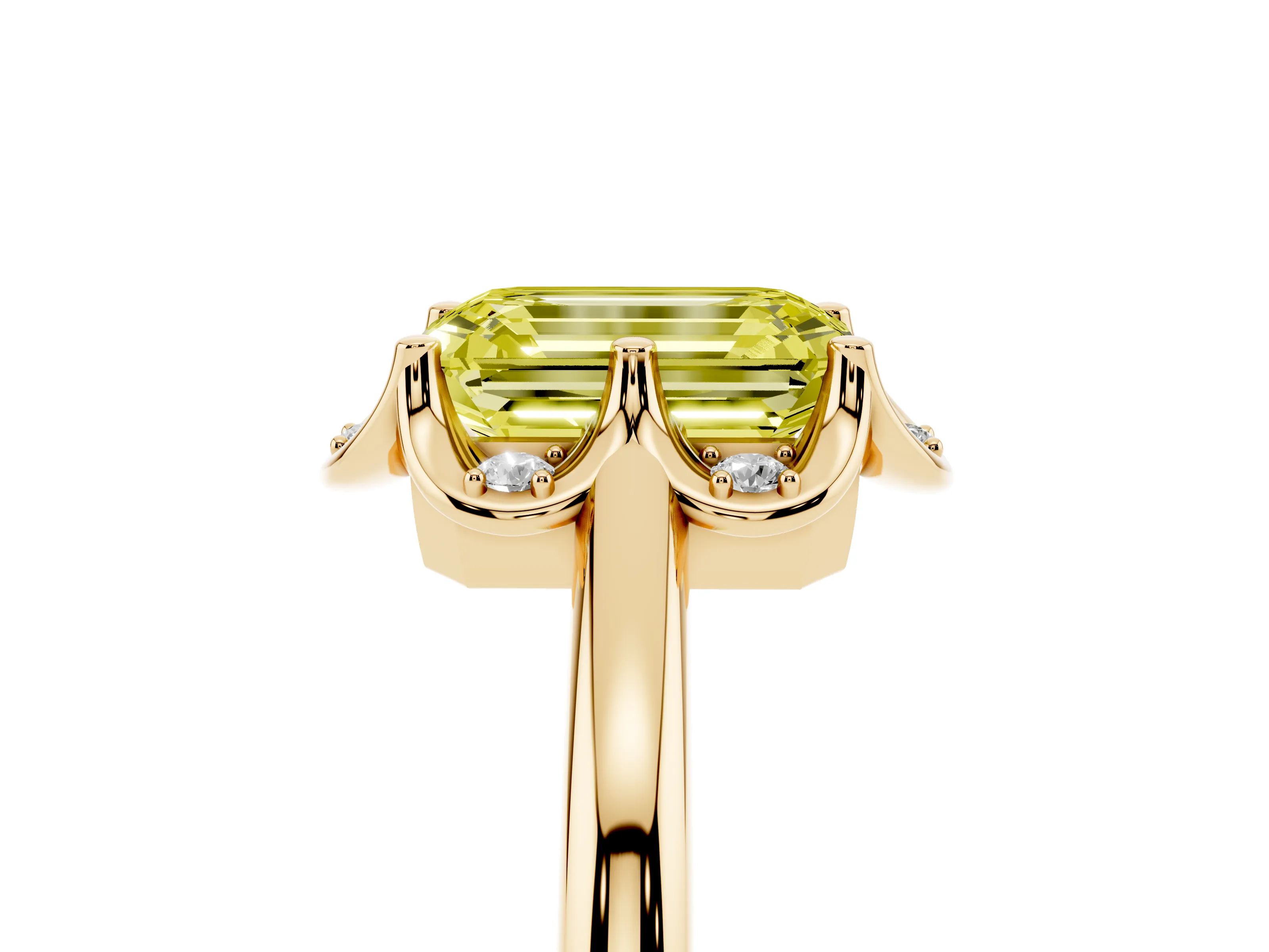 Fancy Yellow Emerald Cut Diamond Round Cluster Halo Ring Set in Yellow gold with Solitaire Band and Prong Setting