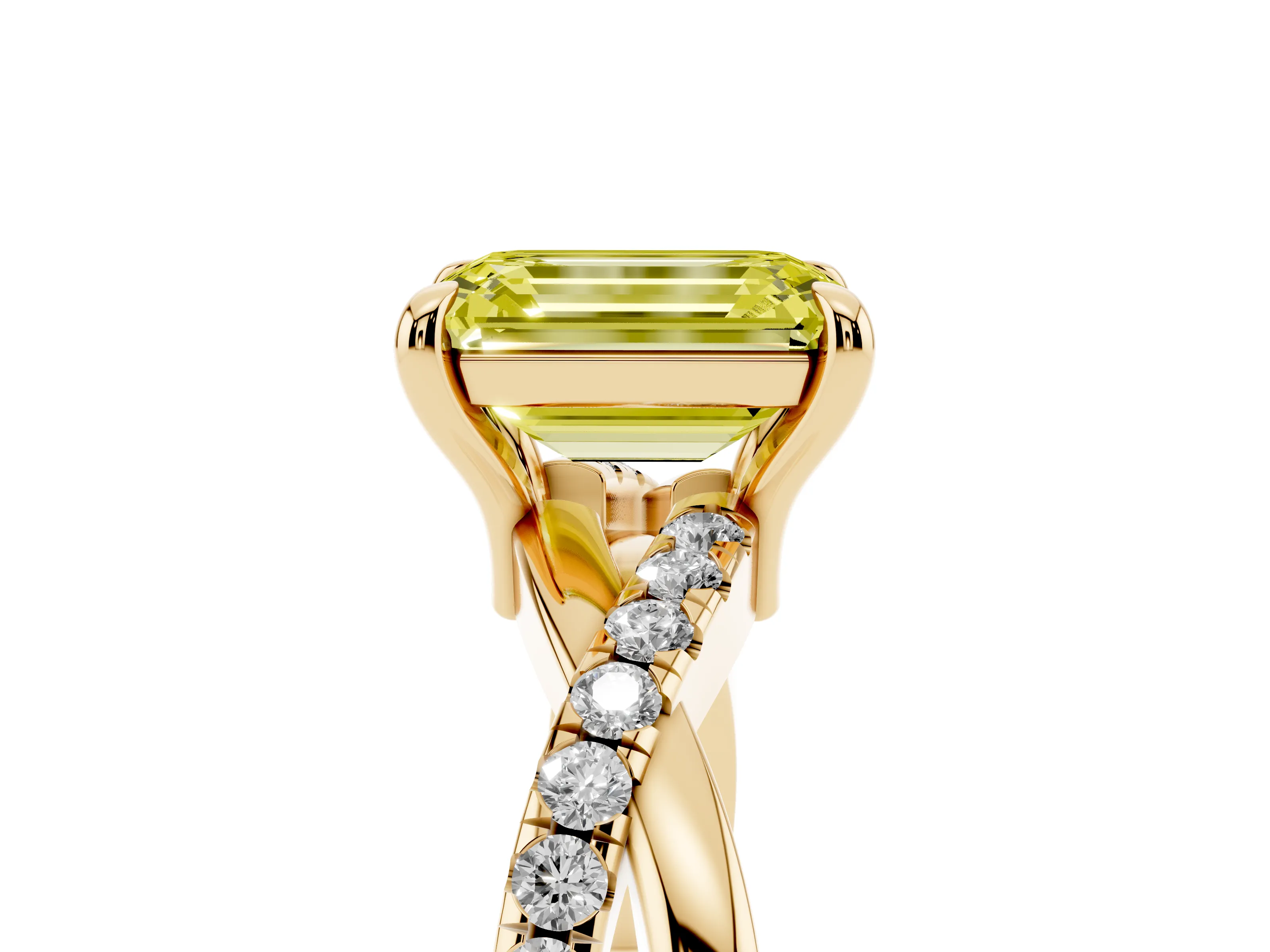 Fancy Yellow Emerald Cut Diamond Twist Band Pavé Solitaire Ring Set in Yellow gold with Prong Setting