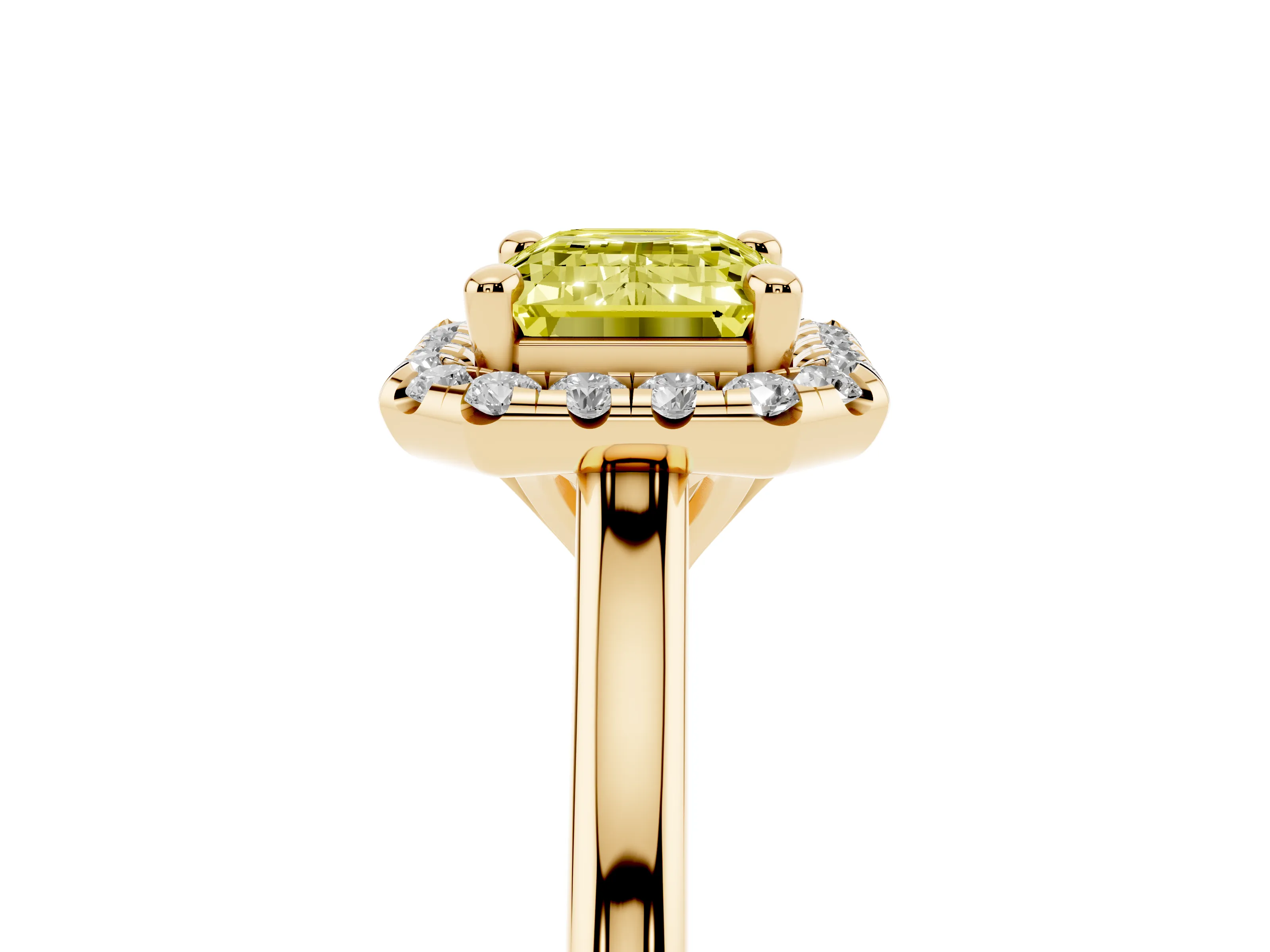 Fancy Yellow Emerald Cut Diamond Halo Engagement Ring Set in Yellow gold with Pavé Band and Rising Shoulders
