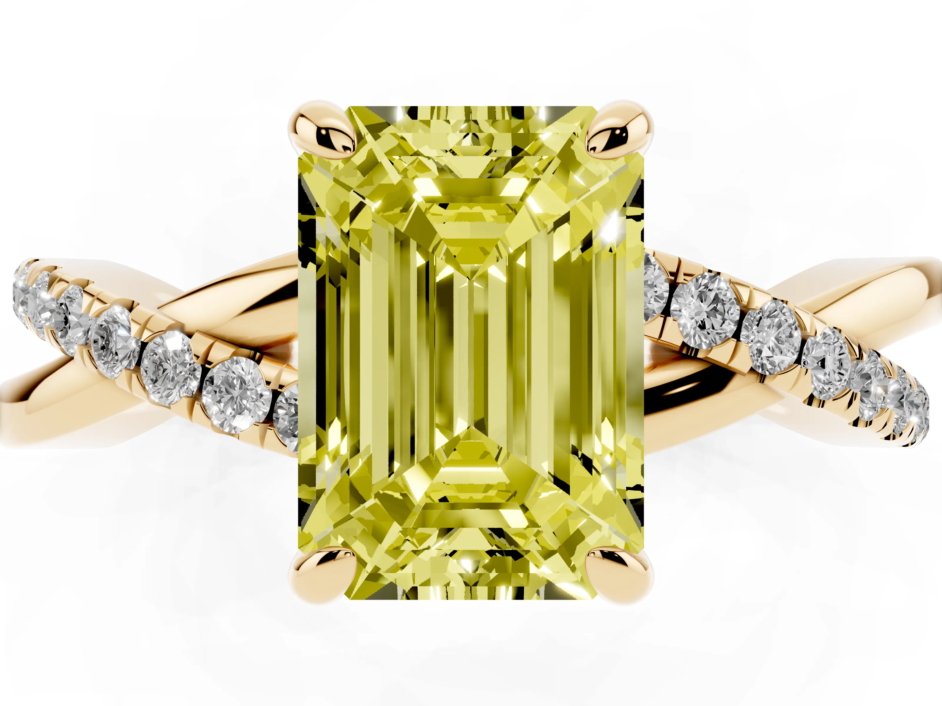 Fancy Yellow Emerald Cut Diamond Twist Band Pavé Solitaire Ring Set in Yellow gold with Prong Setting