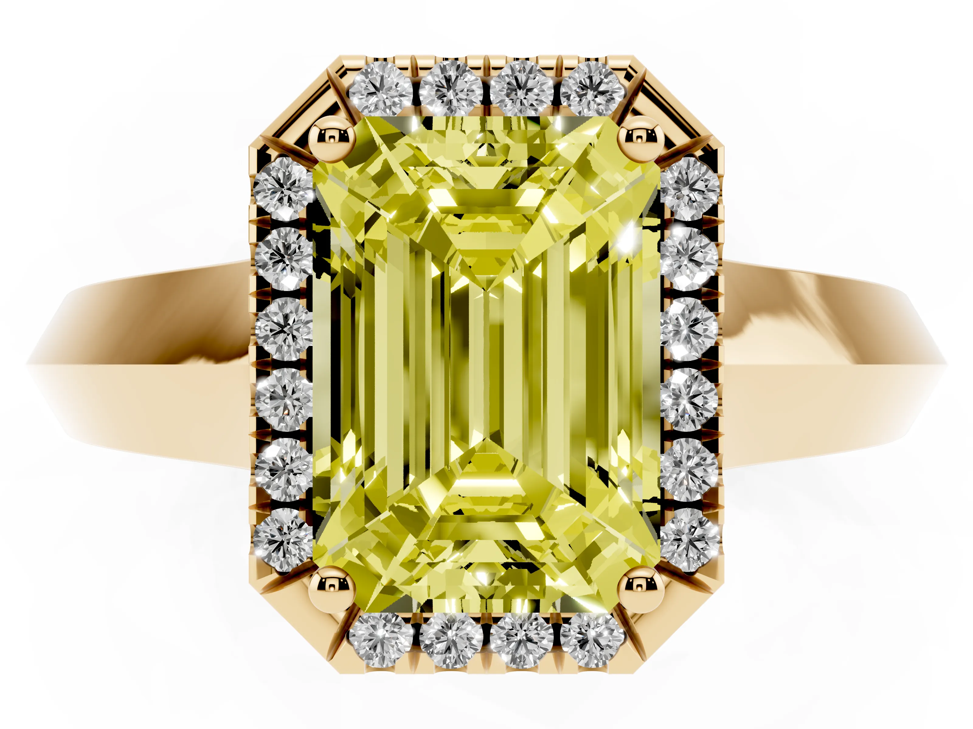 Fancy Yellow Emerald Cut Diamond Halo Ring Set in Yellow gold with Cathedral Band and Prong Setting