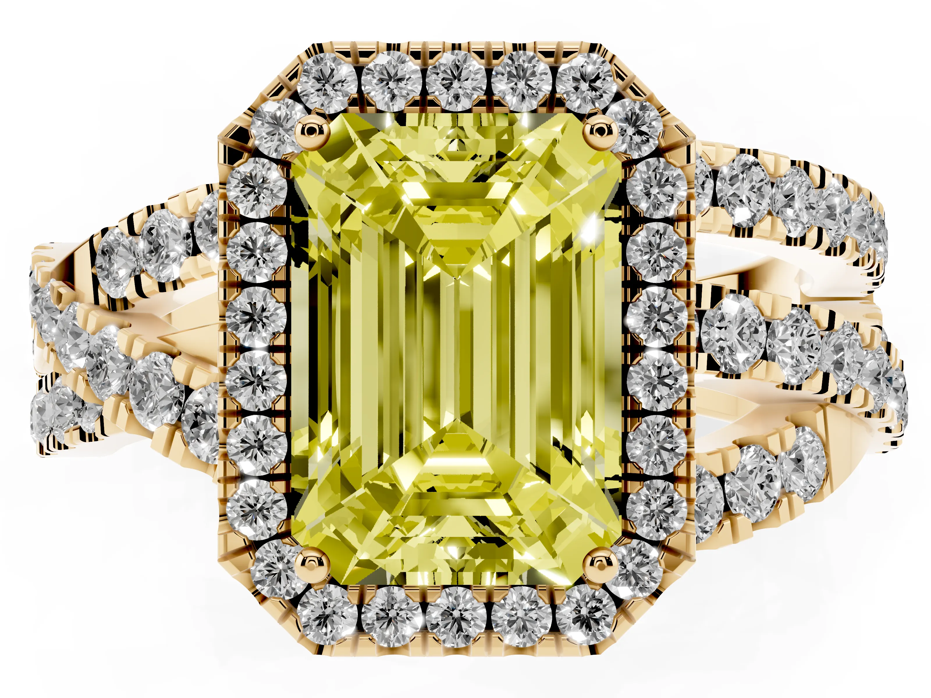 Fancy Yellow Emerald Cut Diamond Halo Ring Set in Yellow gold with Round Crossover Split Shank and Prong Setting