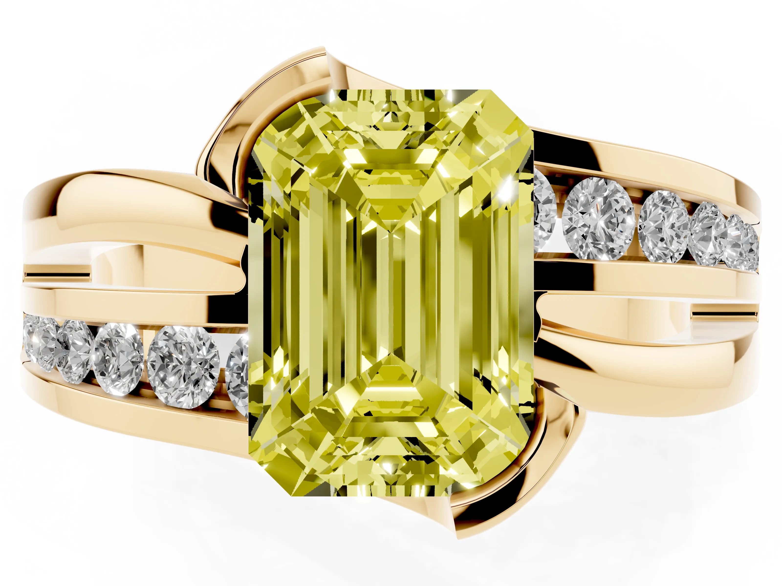 Fancy Yellow Emerald Cut Diamond Solitaire Ring Set in Yellow gold with Channel Set Split Shank and Tension Prongs