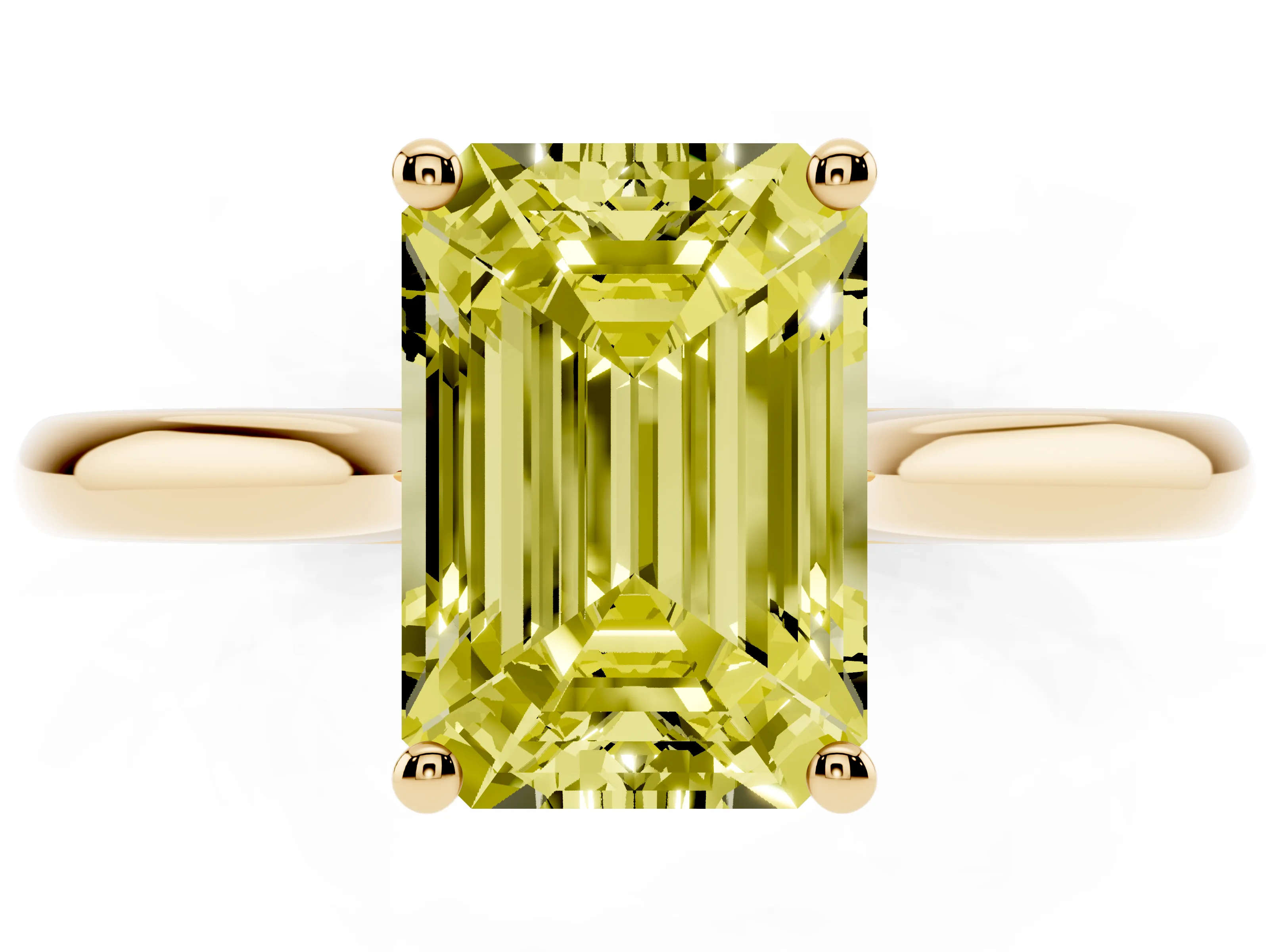 Fancy Yellow Emerald Cut Diamond Solitaire Ring Set in Yellow gold with Cathedral Band and Prong Setting