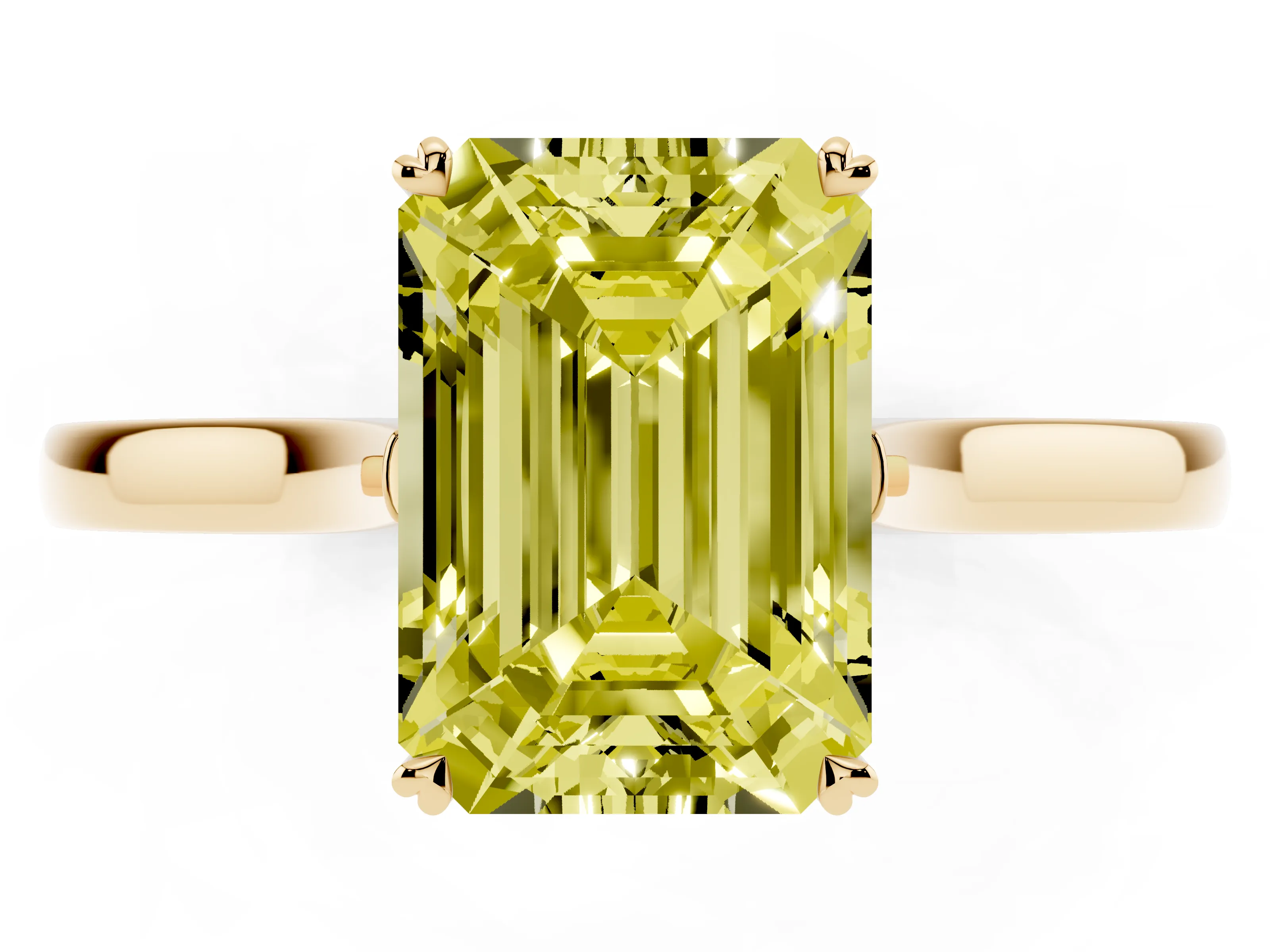 Fancy Yellow Emerald Cut Diamond Solitaire Heart Prong Engagement Ring Set in Yellow gold with Tapered Band