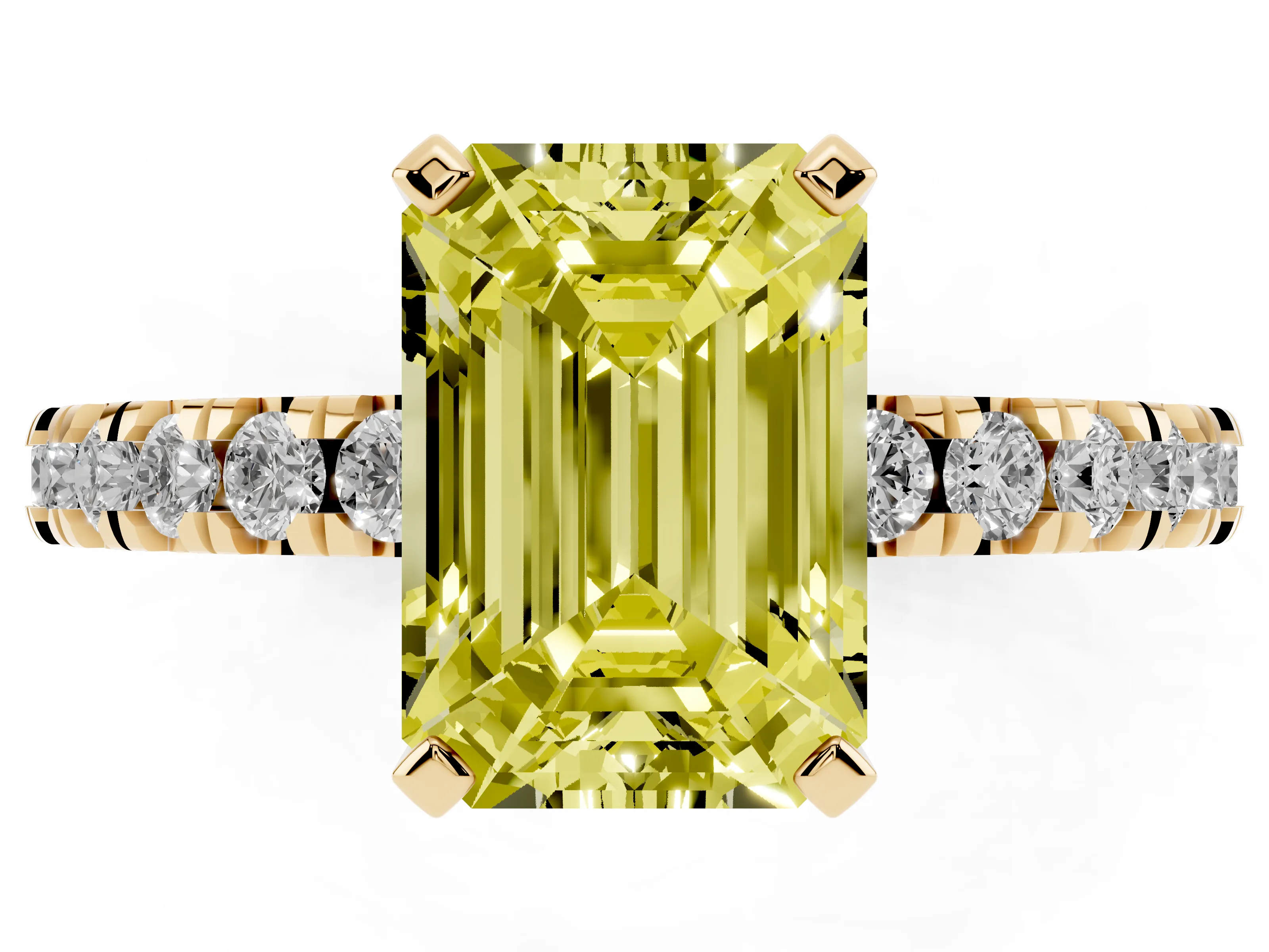 Fancy Yellow Emerald Cut Diamond Pavé Band Solitaire Set in Yellow gold with Prong Setting