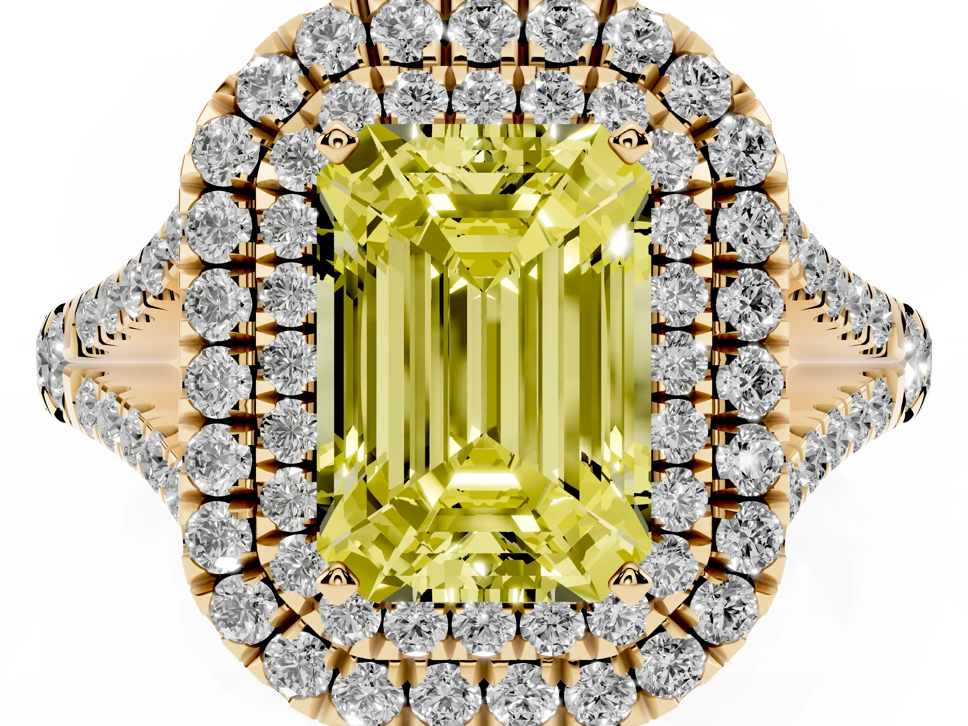 Fancy Yellow Emerald Cut Diamond Pavé Split Shank Double Halo Engagement Ring Set in Yellow gold
