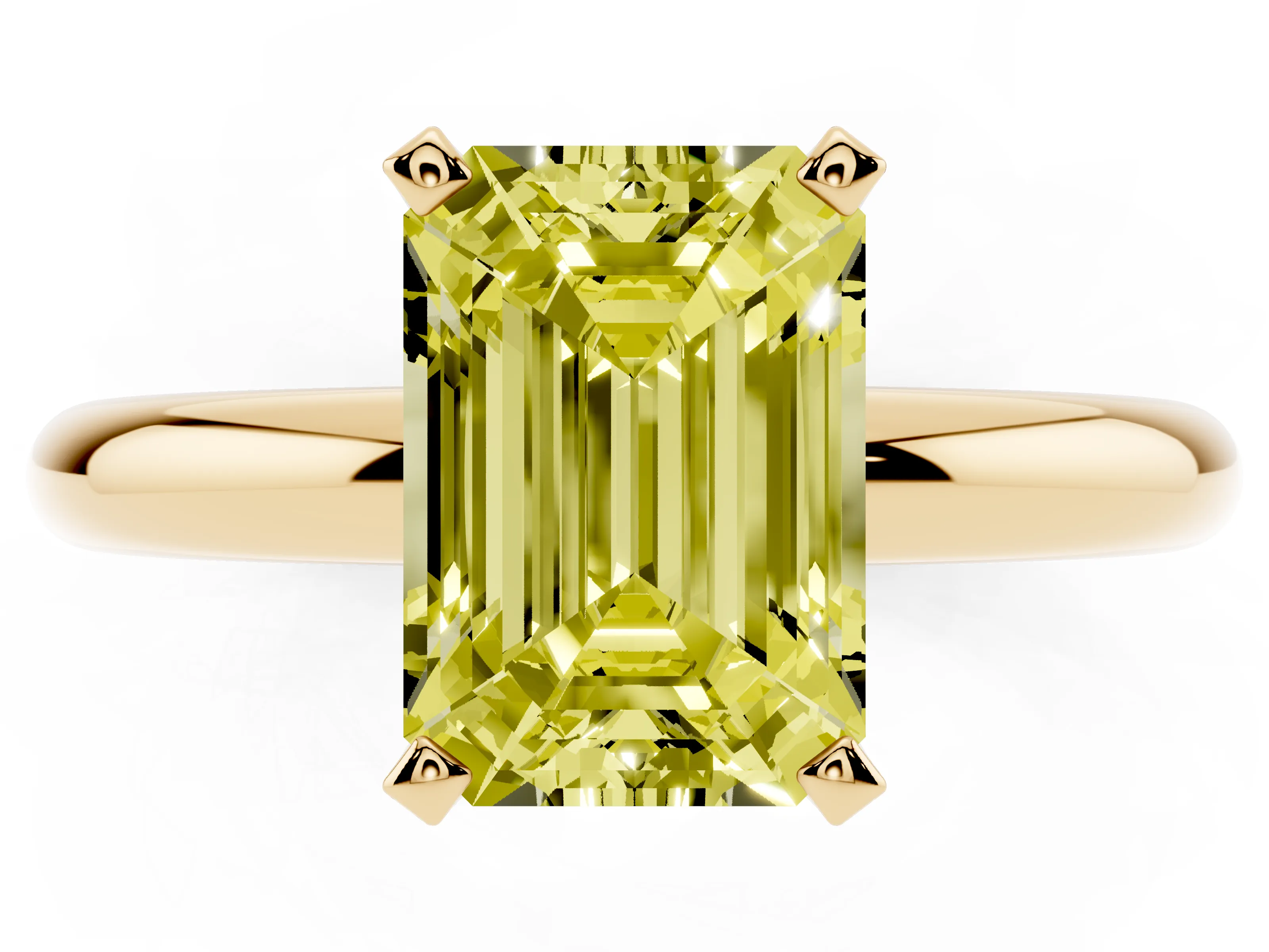 Fancy Yellow Emerald Cut Diamond Solitaire Engagement Ring Set in Yellow gold with Round Band and Prong Setting