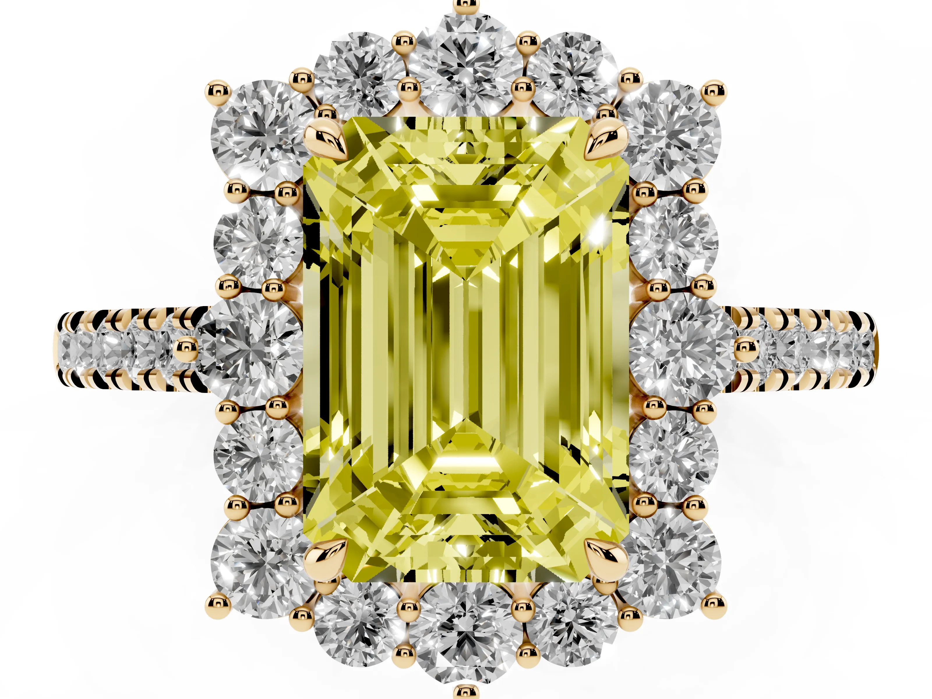 Fancy Yellow Emerald Cut Diamond Halo Ring Set in Yellow gold with Pavé Band and Prong Setting