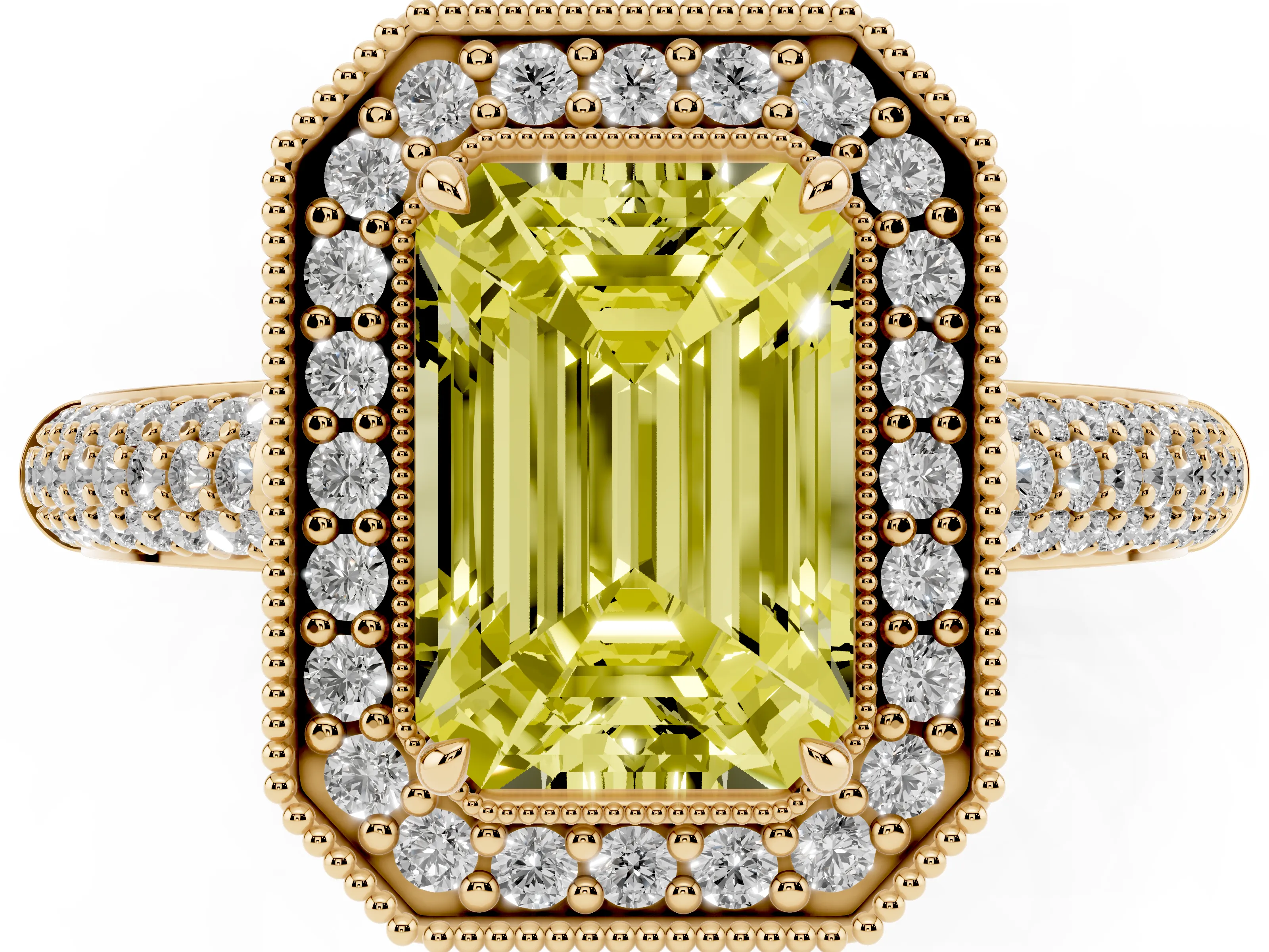 Fancy Yellow Emerald Cut Diamond Halo Pavé Band Set in Yellow gold with Prong Setting
