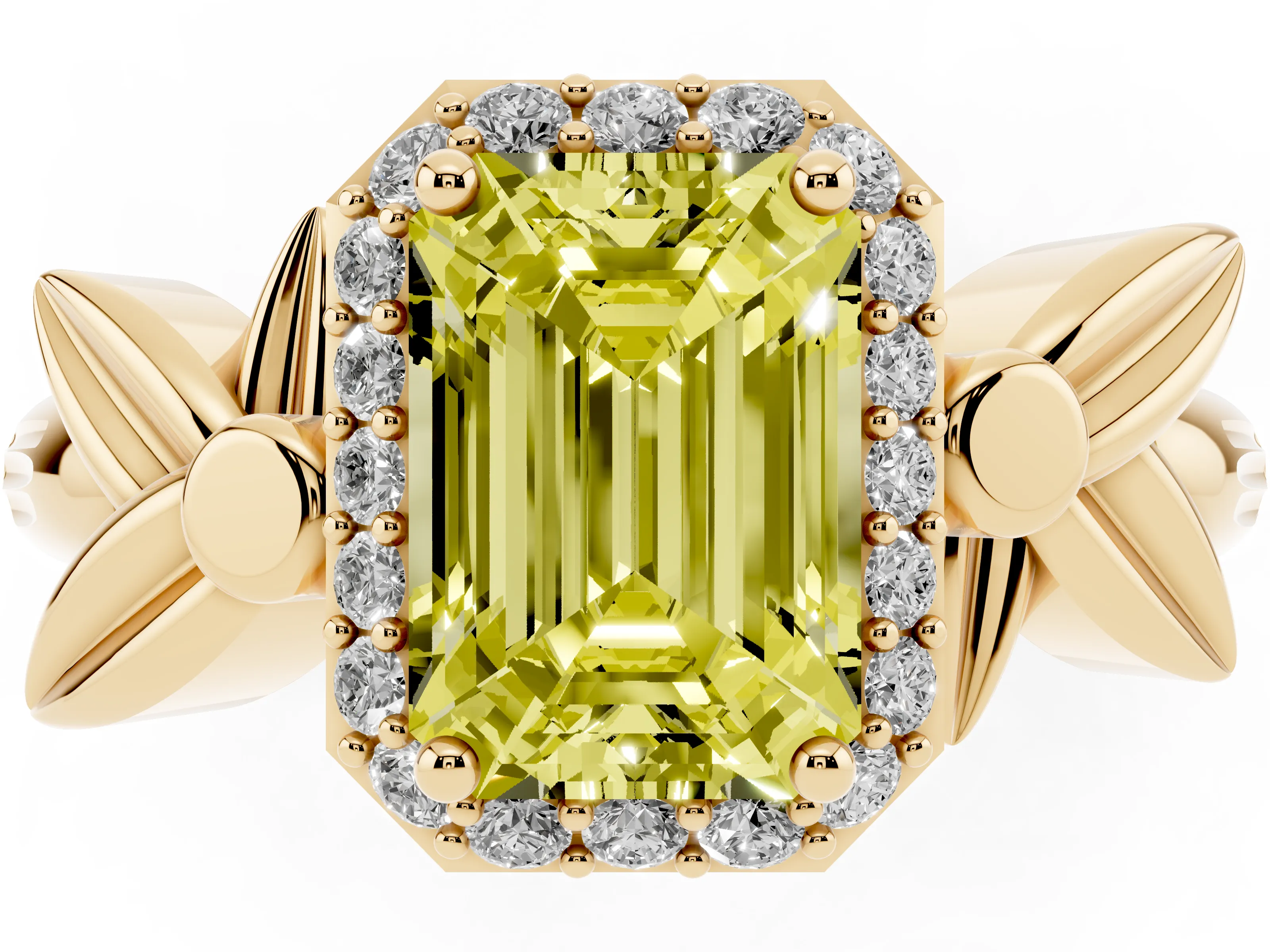 Fancy Yellow Emerald Cut Diamond Halo Floral Band Ring Set in Yellow gold with Prong Setting