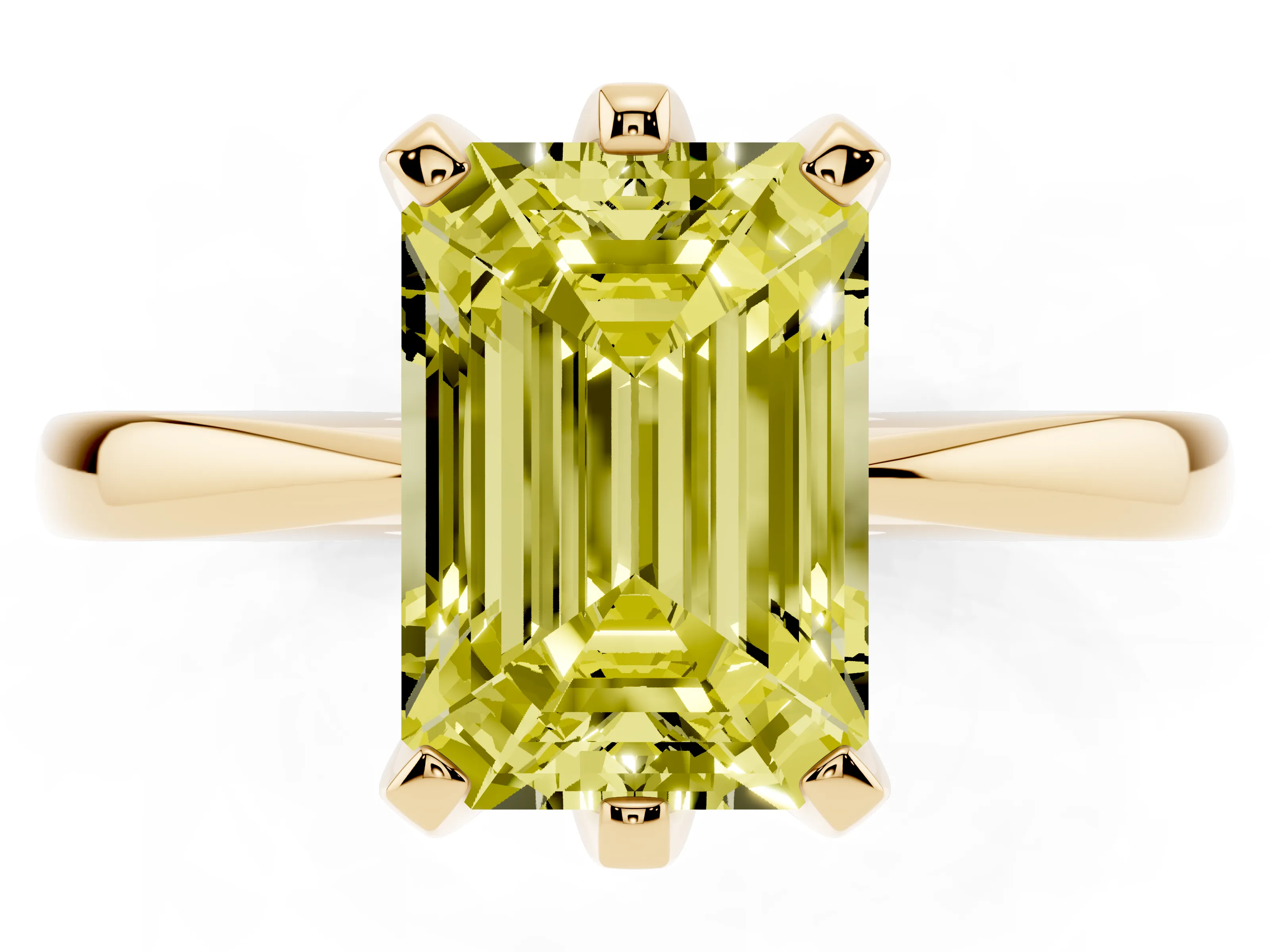 Fancy Yellow Emerald Cut Diamond Solitaire Engagement Ring Set in Yellow gold with Slim Tapered Solitaire Band