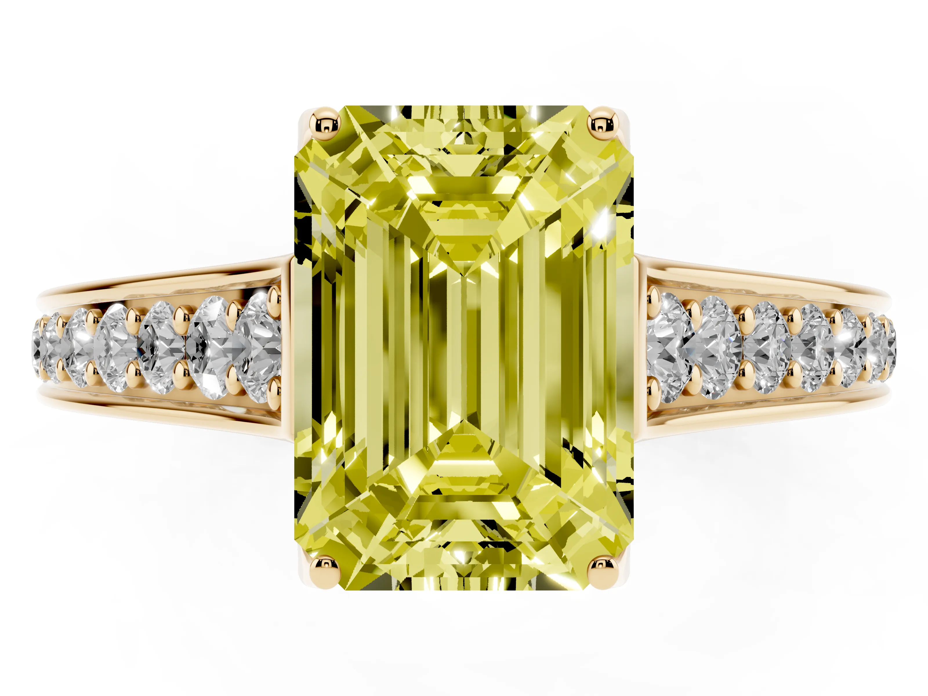 Fancy Yellow Emerald Cut Diamond Solitaire Pavé Engagement Ring Set in Yellow gold with Prong Setting
