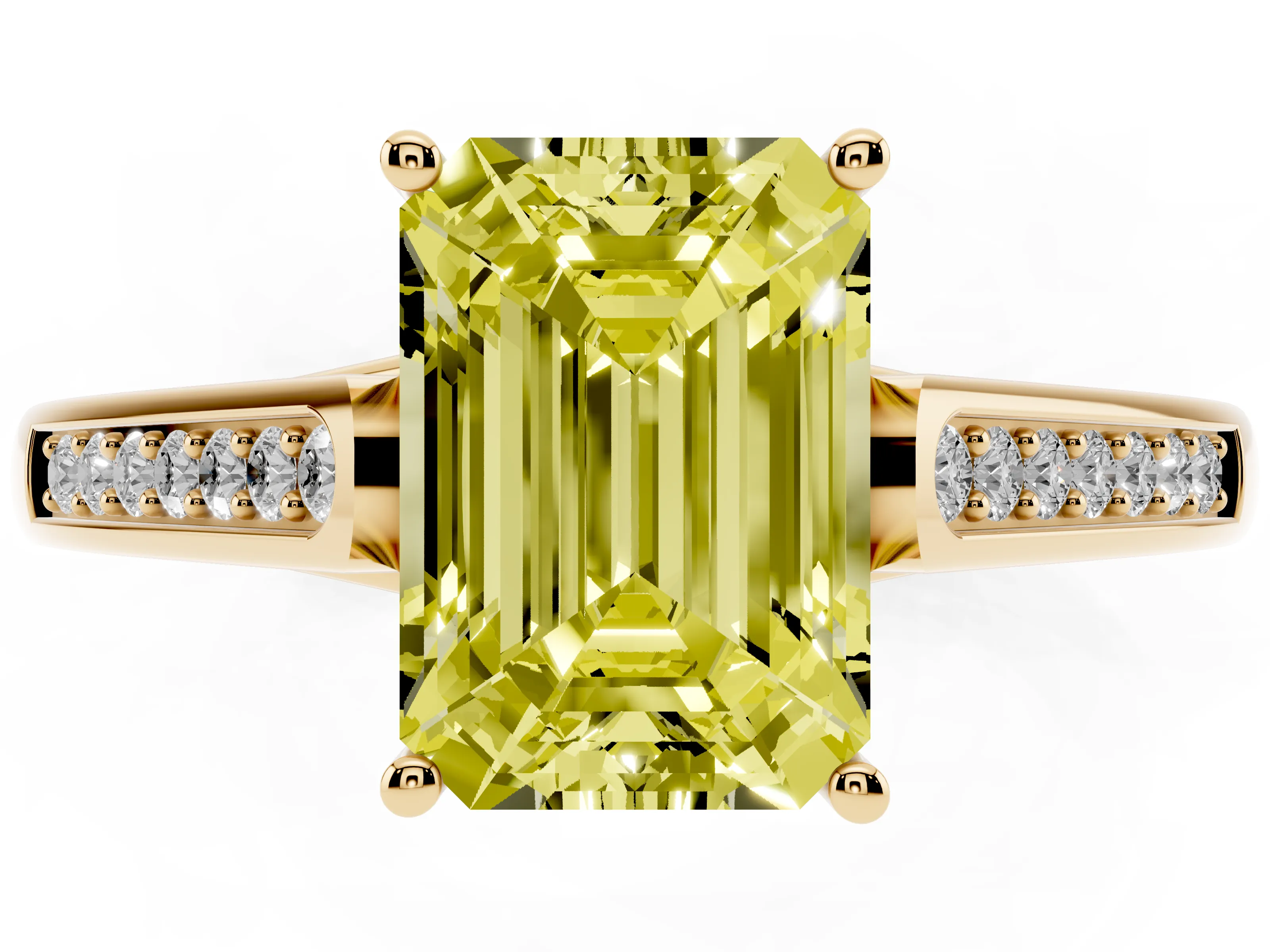 Fancy Yellow Emerald Cut Diamond Solitaire Cathedral Engagement Ring Set in Yellow gold with Channel-Set Band and Prong Setting