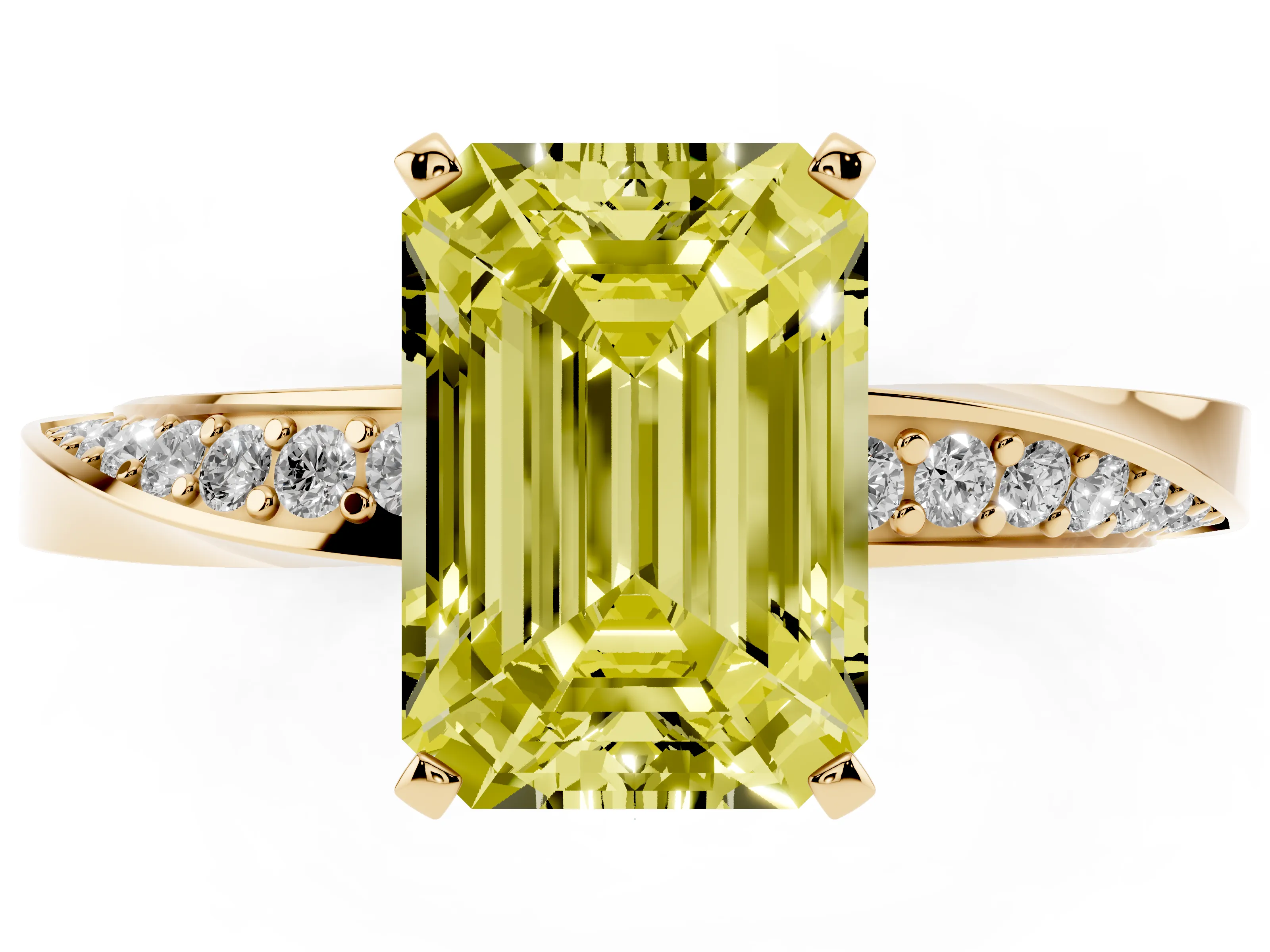 Fancy Yellow Emerald Cut Diamond Engagement Ring Set in Yellow gold with Side Stone Accents and Prong Setting