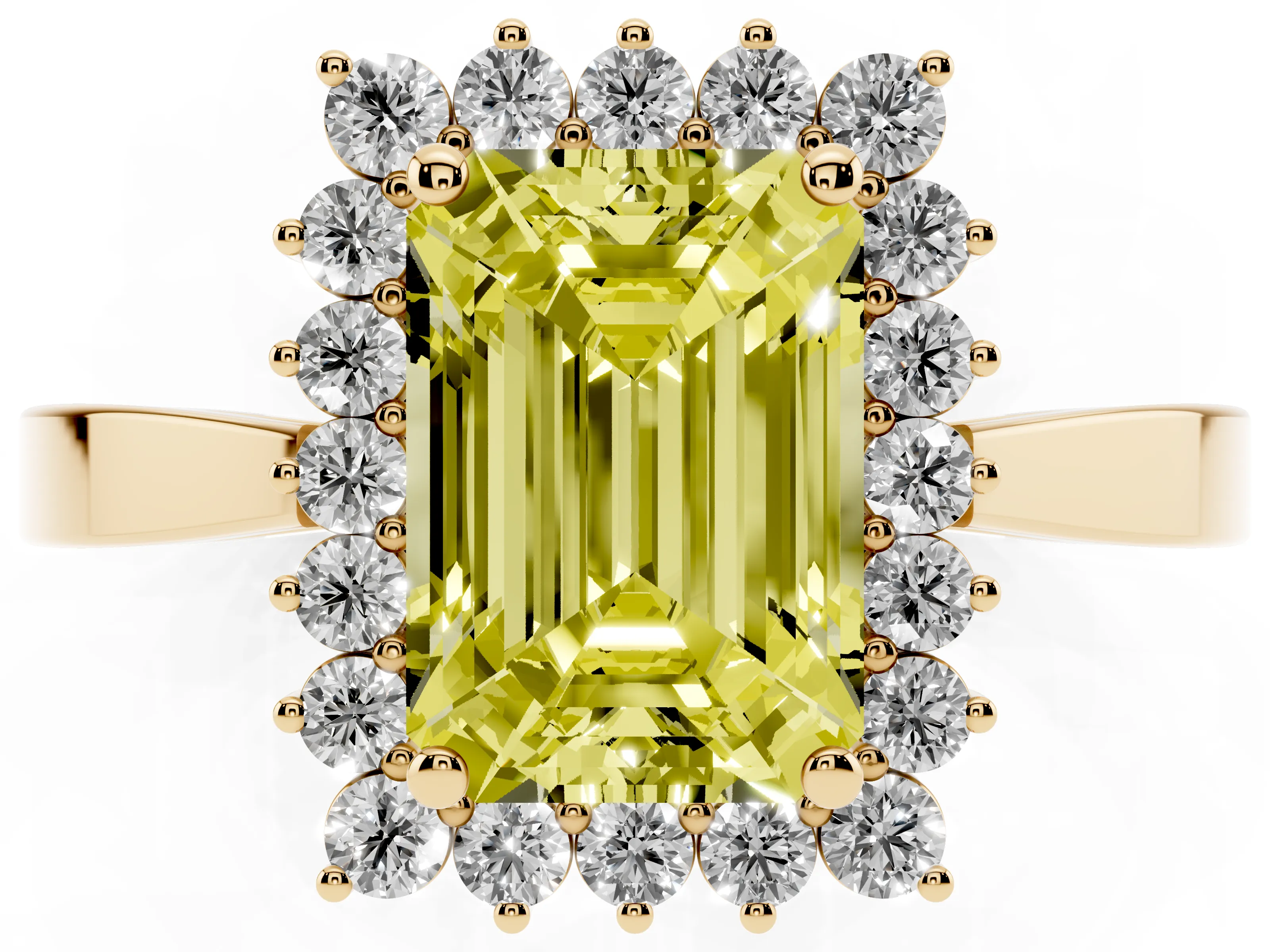 Fancy Yellow Emerald Cut Diamond Halo Ring Set in Yellow gold with Round Halo and Smooth Solitaire Band