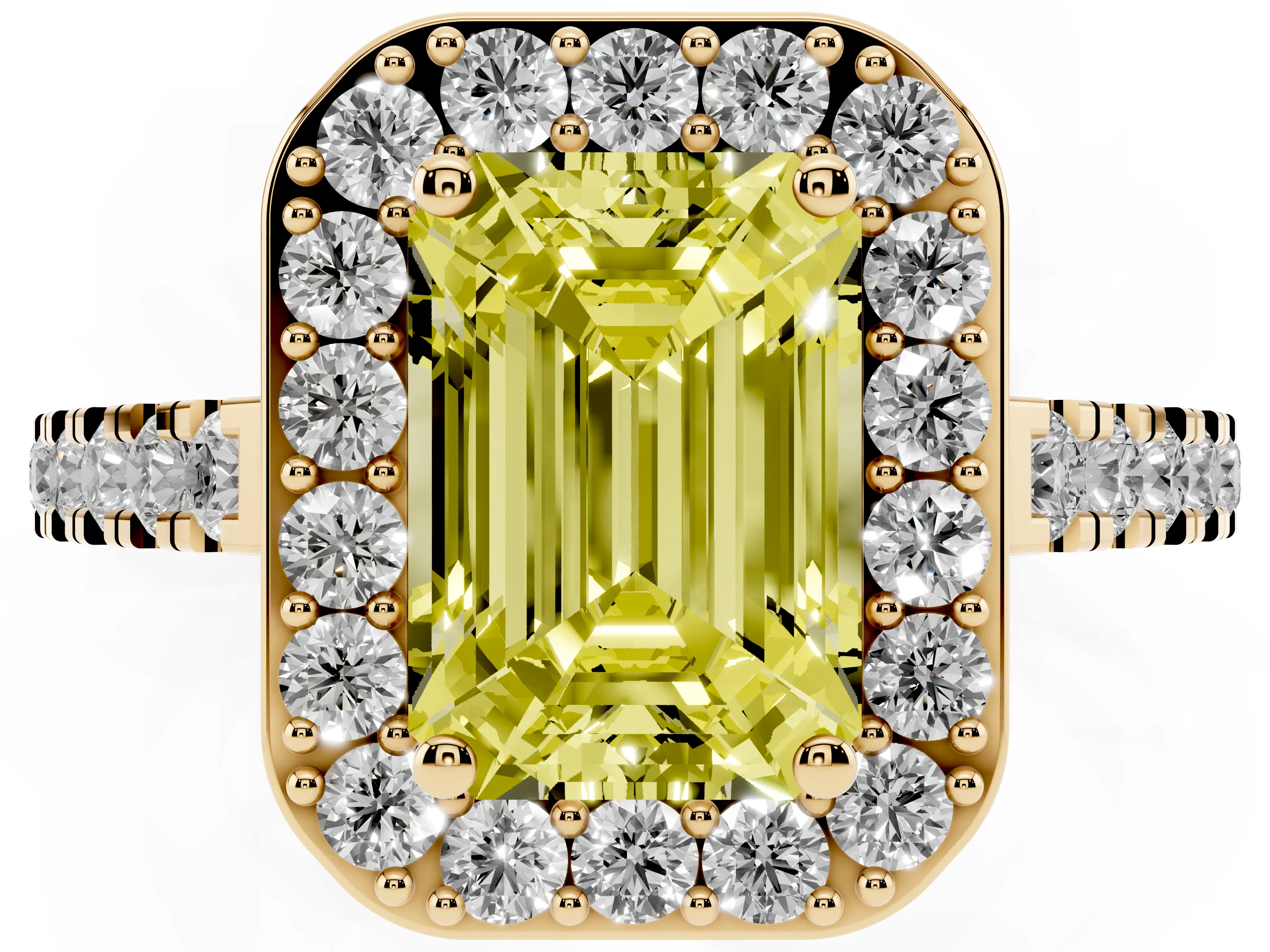 Fancy Yellow Emerald Cut Diamond Halo Ring Set in Yellow gold with Round Pavé Split Shank and Prong Setting