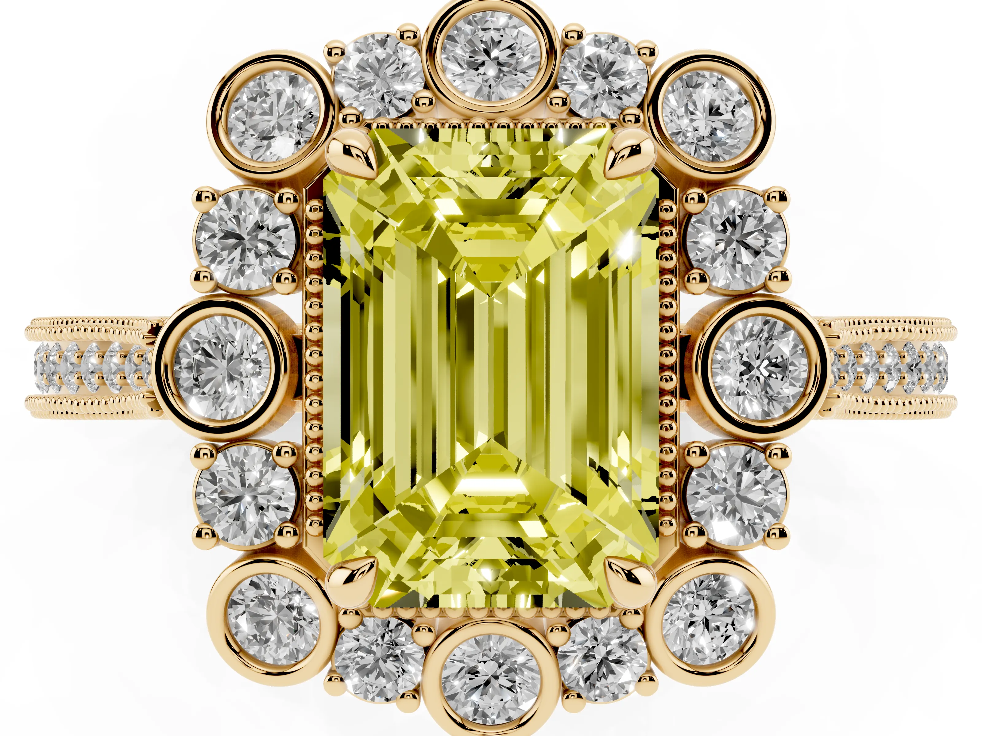 Fancy Yellow Emerald Cut Diamond Halo Milgrain Pavé Ring Set in Yellow gold with Prong Setting