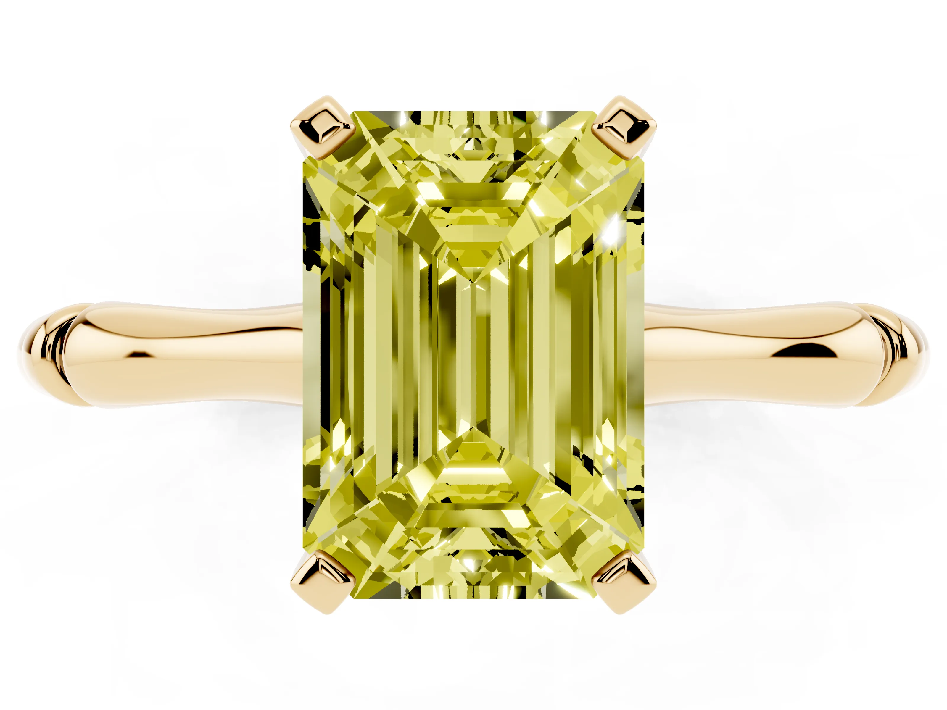 Fancy Yellow Emerald Cut Diamond Solitaire Ring Set in Yellow gold with Bamboo Band and Prong Setting