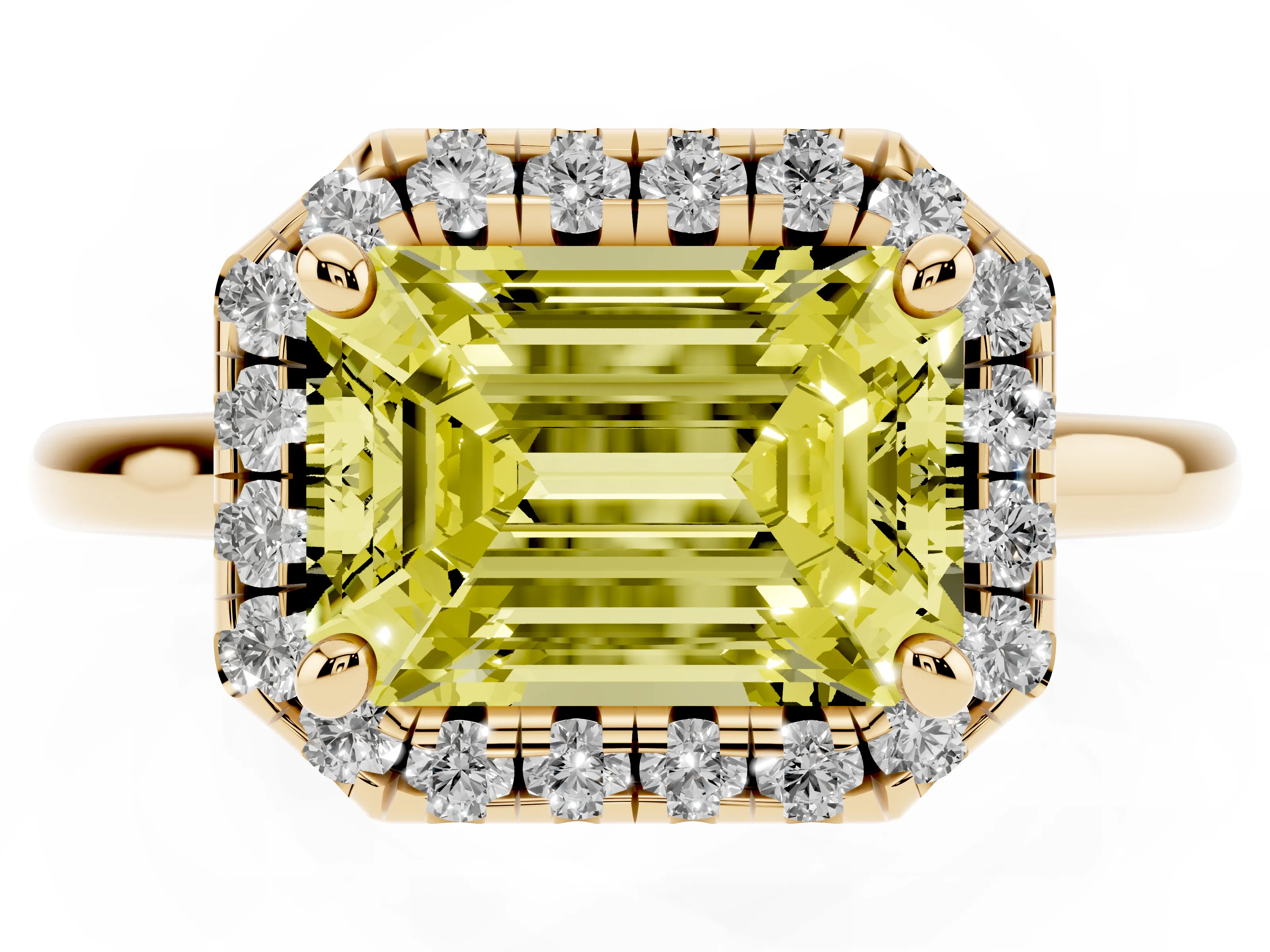 Fancy Yellow Emerald Cut Diamond Halo Engagement Ring Set in Yellow gold with Pavé Band and Rising Shoulders