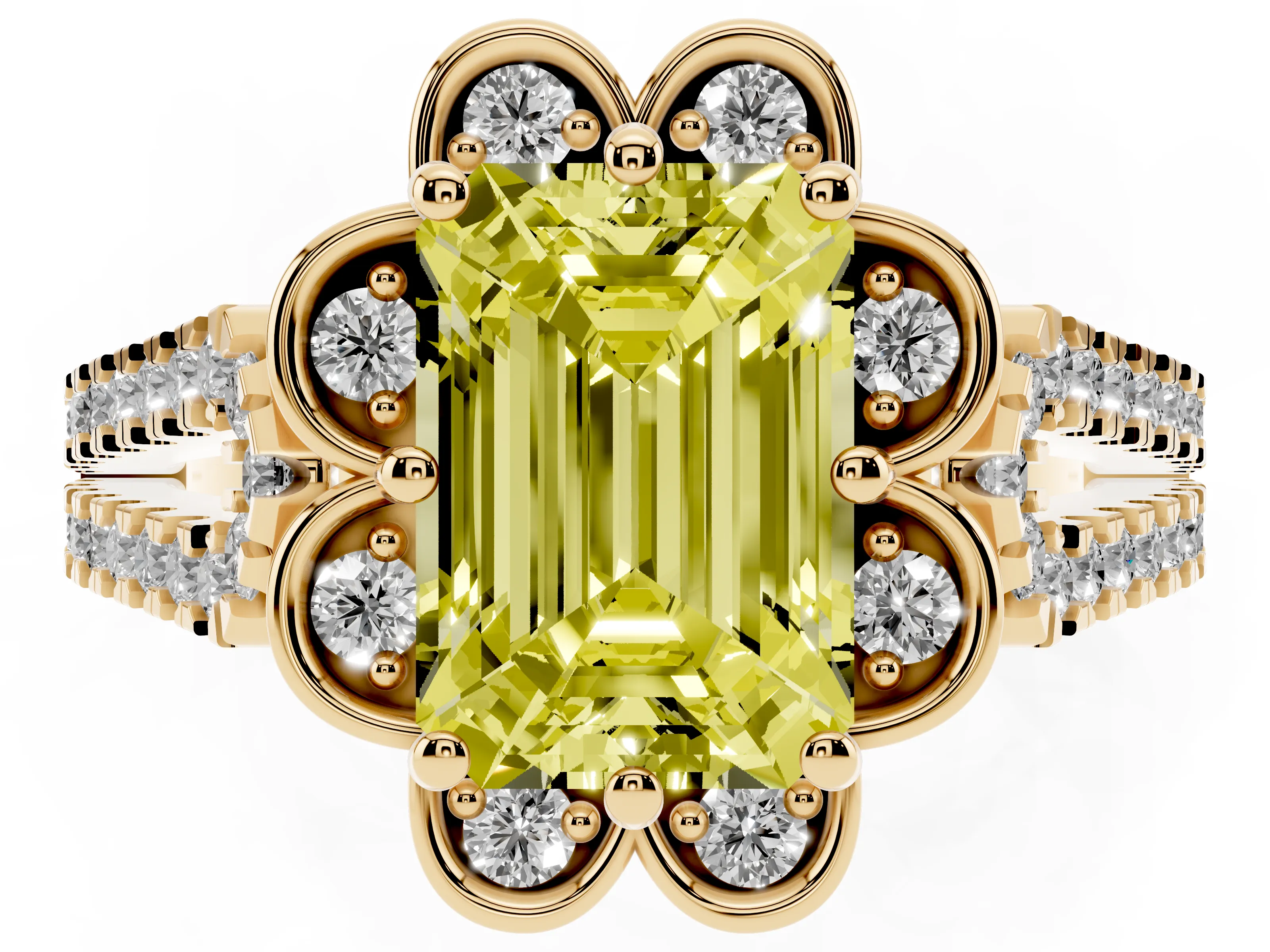 Fancy Yellow Emerald Cut Diamond Floral Halo Split Shank Engagement Ring Set in Yellow gold with Pavé Shank