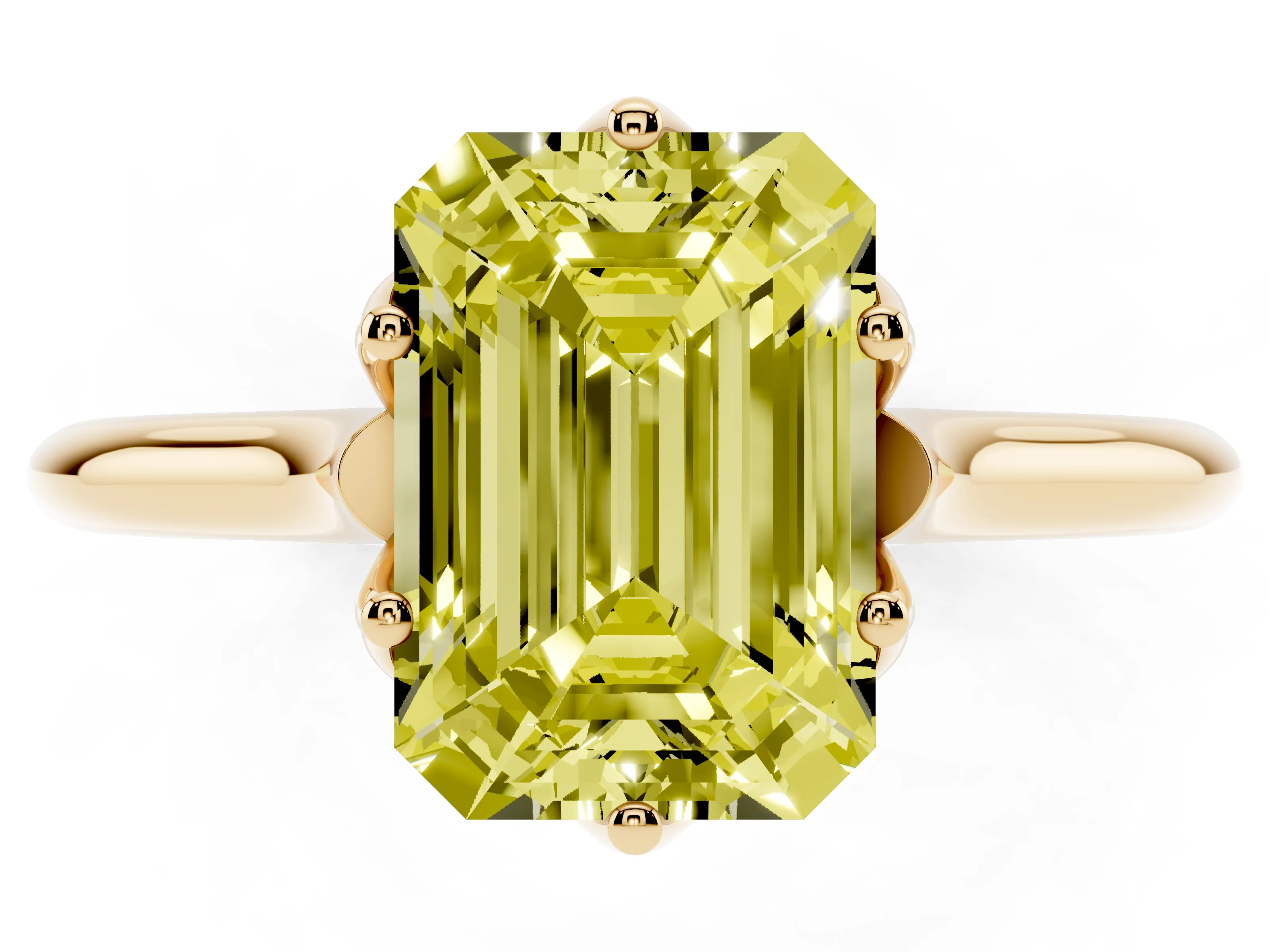 Fancy Yellow Emerald Cut Diamond Solitaire Cathedral Ring Set in Yellow gold with Prong Setting