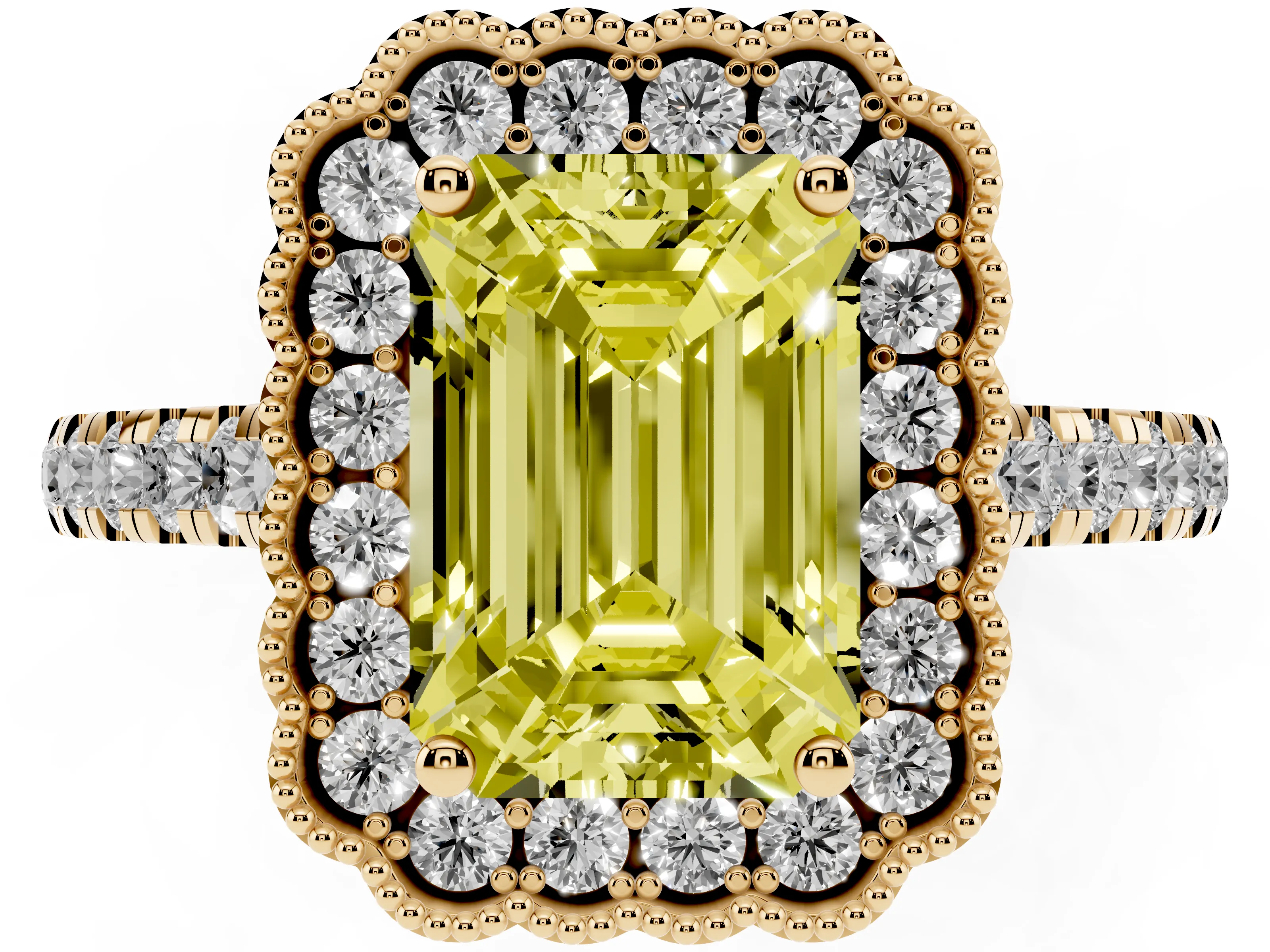 Fancy Yellow Emerald Cut Diamond Milgrain Floral Halo Engagement Ring Set in Yellow gold with Pavé Band