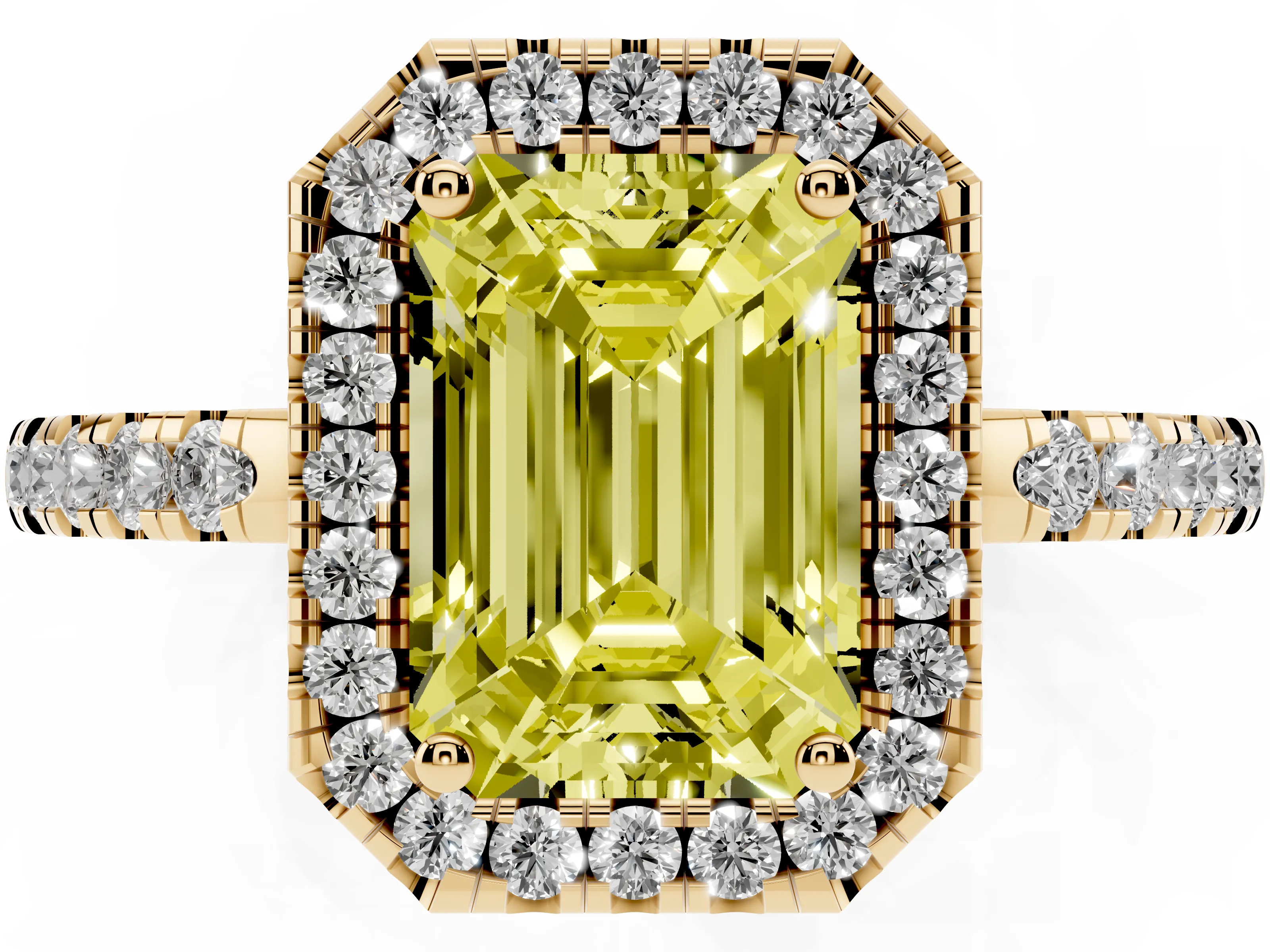Fancy Yellow Emerald Cut Diamond Pavé Band Halo Engagement Ring Set in Yellow gold with Prong Setting